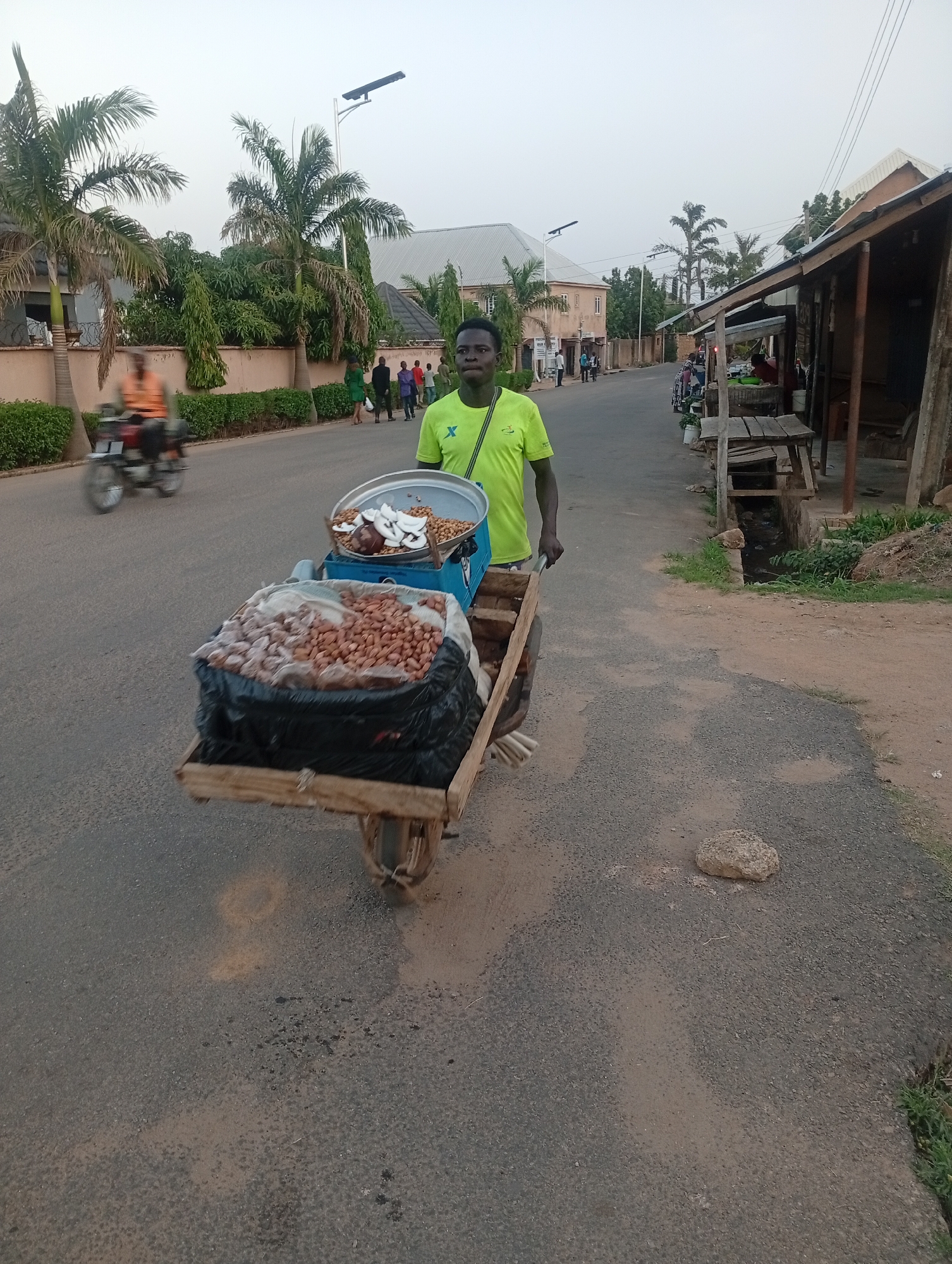 A street vendor pushes a wooden cart loaded with a large bag of peanuts and a tray of coconut slices and shelled peanuts on a paved road in Jos, Nigeria. The vendor is a young man wearing a lime green shirt. In the background, palm trees are visible on one side of the road, along with buildings and pedestrians. A motorcycle drives on the opposite side of the street. On the right side of the road, there are a few stalls or small shops. A rock sits on the road near the bottom right corner of the image. The time of day seems to be early morning or late afternoon due to the soft lighting.