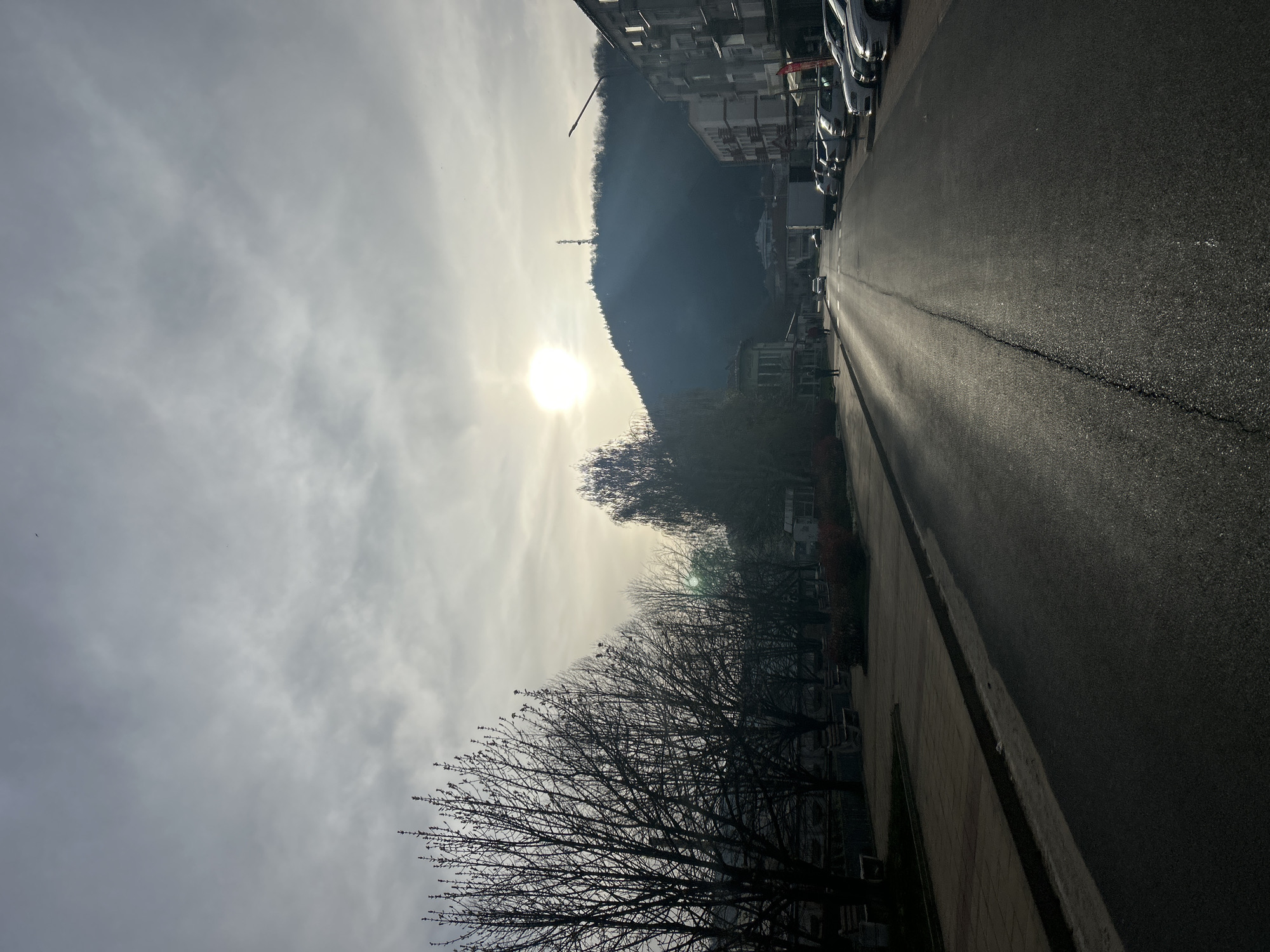 The media file captures a quiet street scene in what appears to be a town nestled against a mountain, likely Zlatograd, Bulgaria. The image is composed with a strong backlighting effect from a low, diffused sun, suggesting either early morning or late afternoon.
In the foreground, an asphalt road stretches into the distance, appearing wet and reflective, with a noticeable crack running along its surface. To the right of the road, a paved sidewalk is lined with several bare-branched deciduous trees, their intricate silhouettes prominent against the bright sky. Some trees show early signs of budding, hinting at late winter or early spring.
To the left of the road, a row of multi-story buildings, potentially residential or commercial, stands. Several vehicles, including cars and a truck, are parked along the curb.
Dominating the background is a large, dark mountain or hill, its upper slopes featuring a visible communication tower or similar structure. The mountain is heavily silhouetted by the sun, making its details indistinct.
The sky is overcast with thick, diffused clouds, through which the bright sun shines, creating a significant glare and illuminating the scene from behind the mountain. The overall weather appears to be cloudy and possibly humid, given the wet appearance of the road. There are no visible people or discernible text in the image. The mood is tranquil and still.
