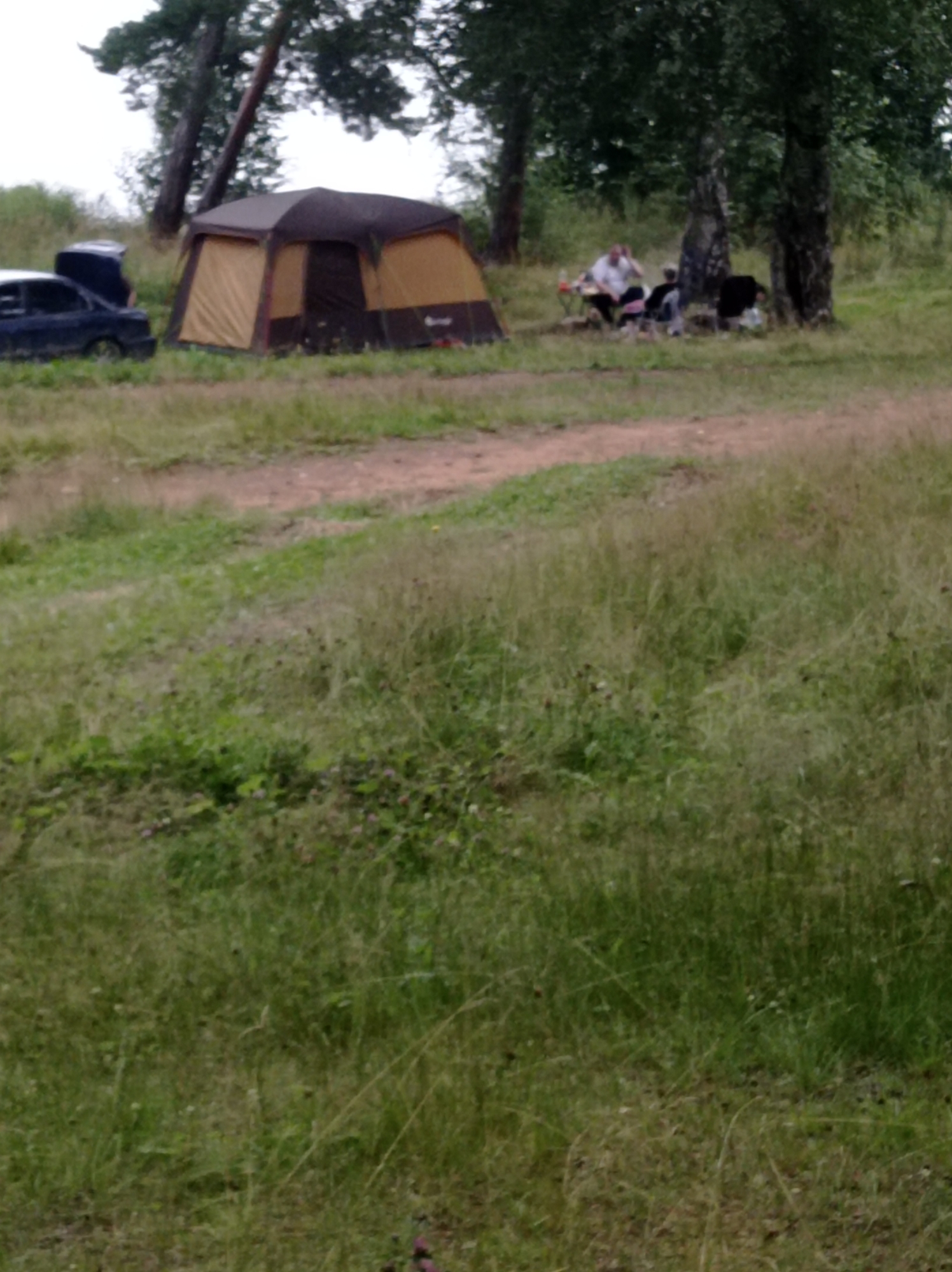 In a grassy, outdoor environment, a large, brown and tan tent is pitched. To the left of the tent is a dark-colored car with its trunk open. In the background, under the shade of trees, three people are seated. One person, wearing a white shirt and dark pants, is sitting at a small table. Next to them, two other individuals are seated in chairs. The overall scene suggests a campsite. This location is a grassy area near trees in Degtyarsk, Russia.