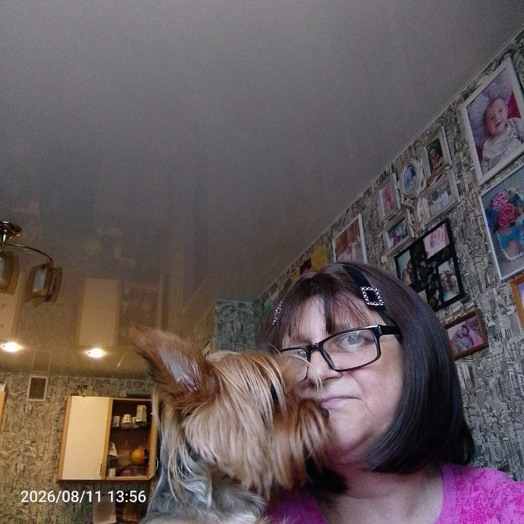 A medium shot photo shows a woman with dark hair and glasses holding a small, tan dog. The woman is wearing a pink top and is positioned on the right side of the frame, with the dog's face close to hers. Behind them, a wall is covered with patterned wallpaper and adorned with several framed pictures. To the left, a cabinet with a white door and a glass-fronted section containing various items is visible. The ceiling appears to have a textured finish. In the bottom left corner, a timestamp reads "2026/08/11 13:56".