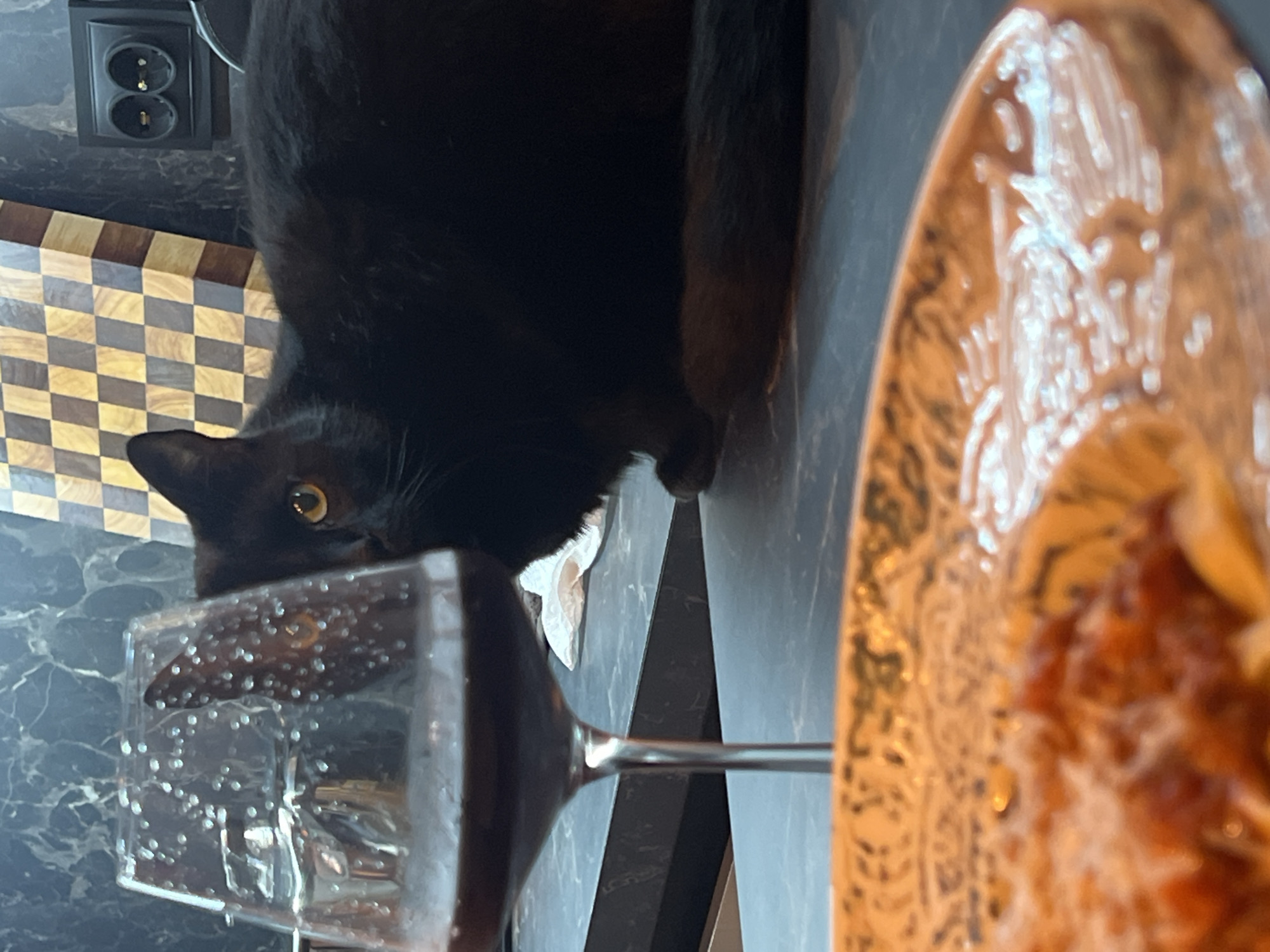 A close-up, slightly blurry, indoor photograph depicts a black cat sniffing a glass of water on a dark countertop. The cat is positioned to the left of the frame, its yellow eyes visible. A decorative plate containing food is partially visible on the right side of the frame, largely out of focus. In the background to the left, a cutting board with a checkerboard pattern is visible. Further in the background, a European-style electrical outlet is mounted on the wall. The image does not provide enough information to determine the location in Plovdiv, Bulgaria.