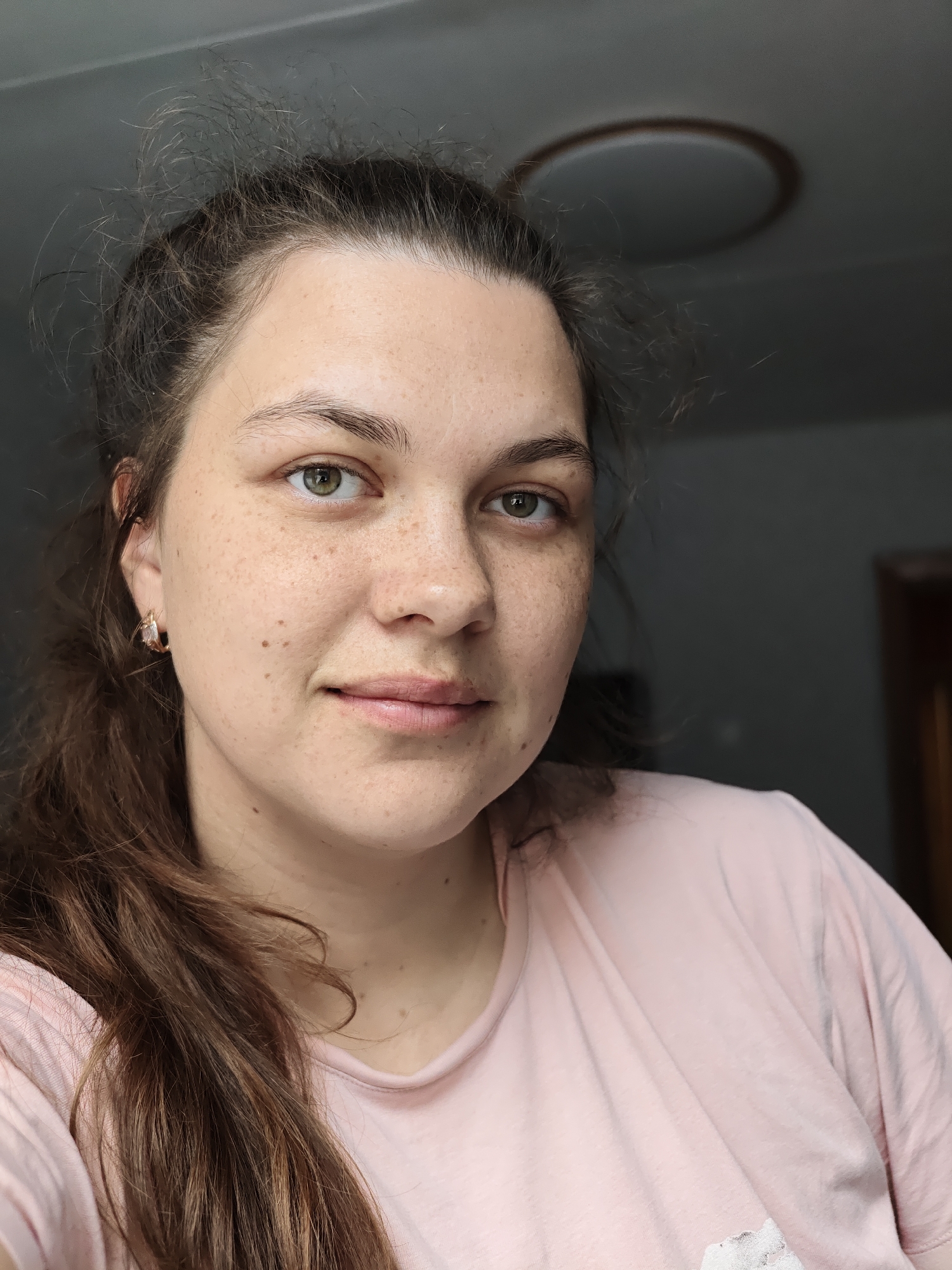 A portrait of a fair-skinned woman with brown hair pulled back, freckles, and green eyes. She is wearing a pink t-shirt and gold hoop earrings. The background is out of focus, showing a ceiling and a dark, indistinct area, possibly an interior room. There is no information in the image to support a location in Chaikovsky, Russia.