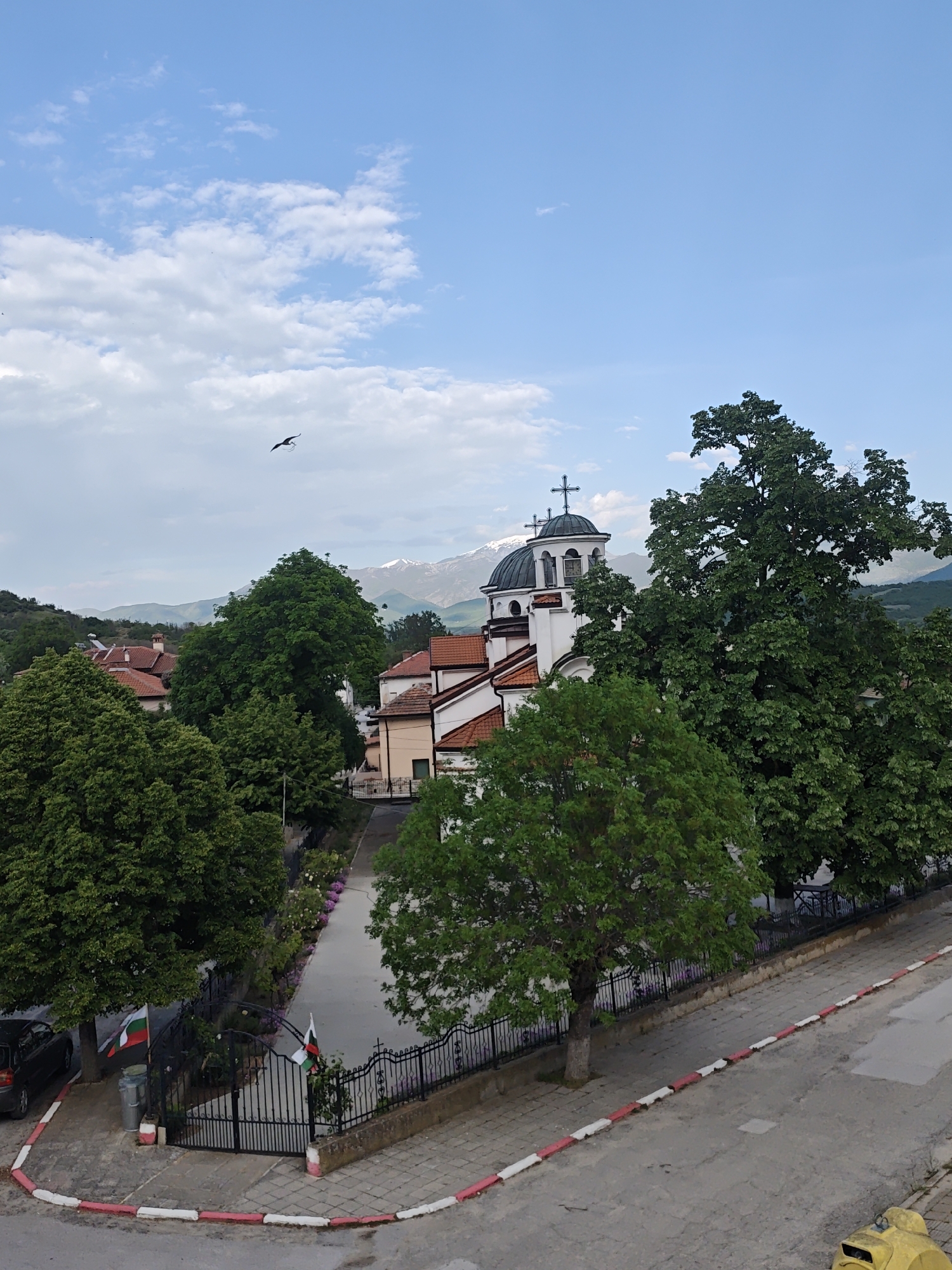 This elevated view captures a serene town or village scene, likely in Bulgaria, indicated by the national flags displayed near a gate in the foreground. At the center, a white church with a dark dome and two crosses is a prominent feature, partially framed by numerous lush, green trees that dominate the midground. Behind the settlement, a range of mountains rises, their peaks dusted with snow, contrasting with the verdant foliage closer to the viewer.
The sky is a bright, clear blue with scattered white clouds. A large bird, possibly a stork or heron, is captured mid-flight in the upper left quadrant, adding a sense of movement to the otherwise still landscape. Surrounding the church, several buildings with traditional terracotta tiled roofs are visible, interspersed among the dense tree cover.
In the foreground, a paved road with distinctive red and white painted curb stones curves along the bottom and right edge of the frame. To the left, a black car is parked near a decorative black metal fence and gate. Two Bulgarian flags, featuring horizontal stripes of white, green, and red, are proudly displayed on poles next to the gate. A yellow recycling bin is partially visible in the lower right corner.
The scene depicts a peaceful daytime setting with clear weather, suggesting either a high-altitude location or a transitional season given the snow-capped mountains and fully green trees. There are no visible people or discernible text in the image.