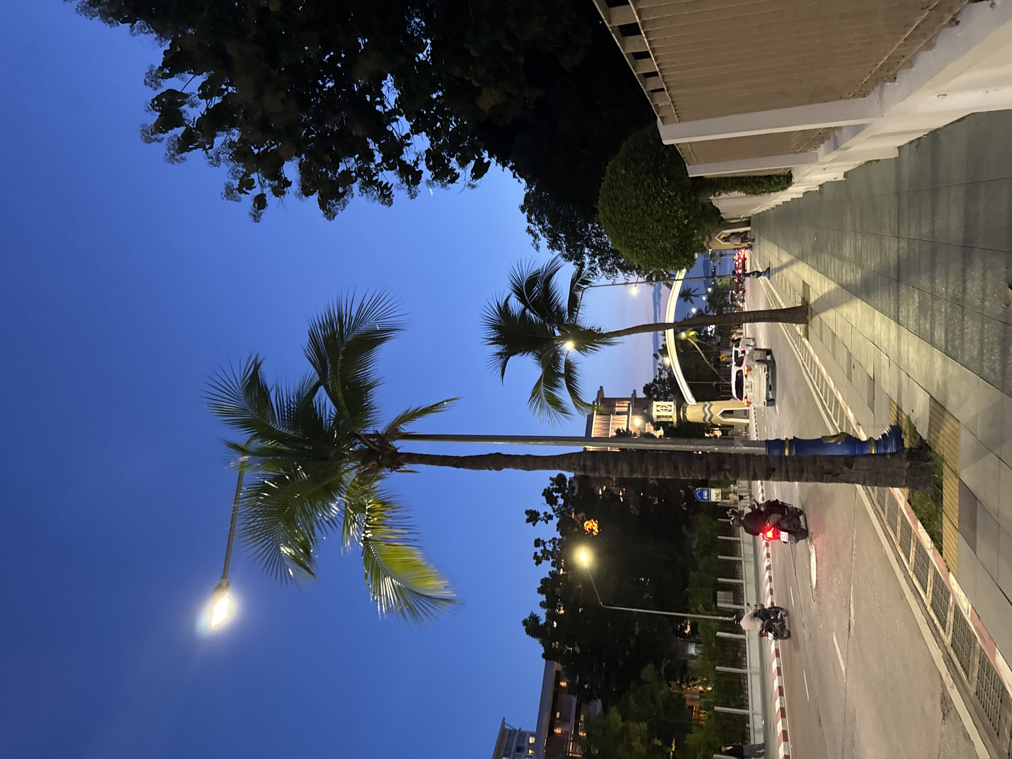 This is a vertical, eye-level, medium shot of a street scene in Pattaya City, Thailand, during twilight. The sky is a deep blue, transitioning from a lighter hue at the horizon. On the left side of the frame, a street lamp illuminates the pavement. A tall palm tree stands prominently in the foreground, its fronds spread out against the sky.
The street itself is paved and marked with white and red lines. Two motorcycles are in motion on the road: one in the middle lane, with a rider wearing a light-colored shirt, and another in the right lane, ridden by a person in dark clothing. The motorcycle in the right lane has its brake lights illuminated.
A sidewalk runs along the right side of the street, paved with gray tiles and featuring yellow tactile paving. A light-colored fence runs along the edge of the sidewalk, with a building visible behind it. Further down the street, more buildings and trees are visible, along with another street lamp and a white vehicle. An arched structure can be seen in the distance, and palm trees are scattered throughout the scene. The overall impression is one of an active urban street as day transitions to night.