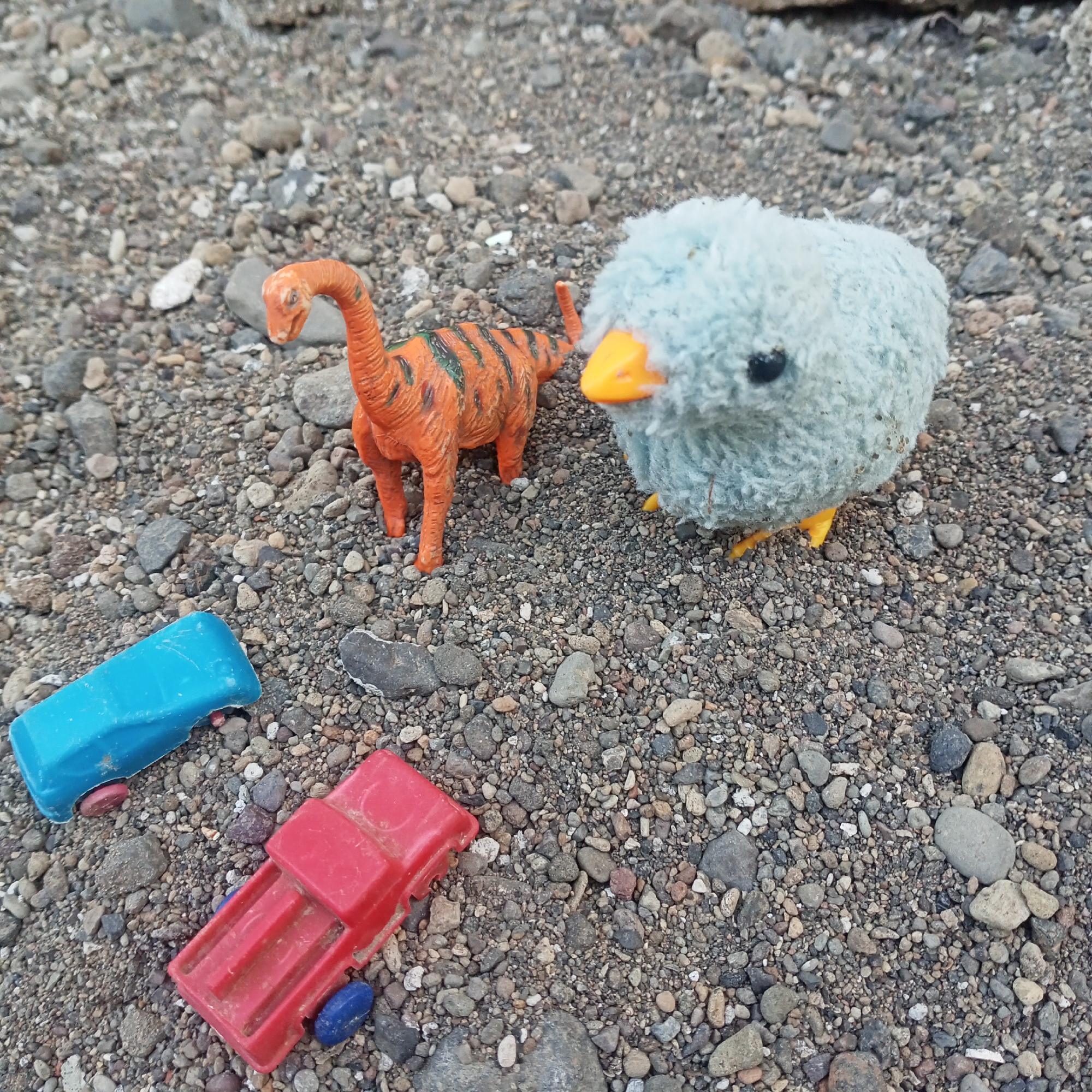 In Ketowan, Indonesia, the image depicts a scene on a gravel-covered ground. A bright orange toy dinosaur with black stripes stands to the left of a fluffy, light blue stuffed chick. The chick has a yellow beak and black eyes, with yellow toy feet visible. In the foreground, a red toy truck is positioned to the right of a blue toy car. The environment is barren, with only small stones and pebbles covering the surface. There are no people or animals visible, and the toys appear to be stationary. The overall impression is one of a staged arrangement of children's toys in an outdoor, natural setting.