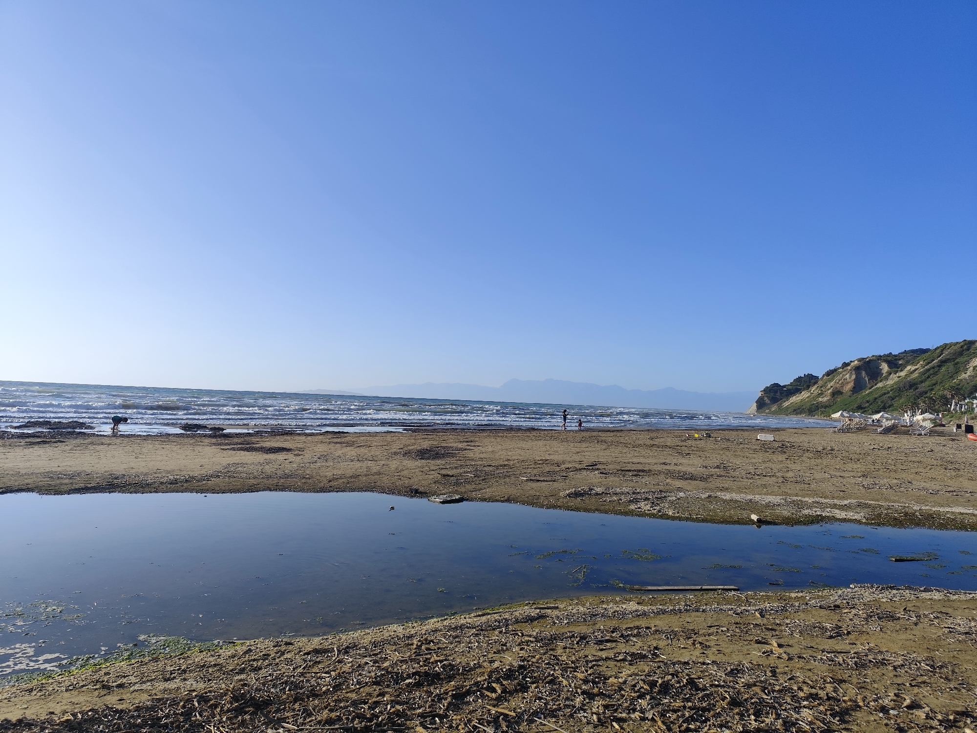 The image presents a wide, sandy beach scene in Agios Stefanos, Greece, under a clear, bright azure sky that transitions from a lighter hue at the horizon to a deeper blue overhead. In the far distance, a hazy line of mountains appears as dark silhouettes stretching across the central horizon. The Ionian Sea occupies the middle ground, characterized by moderate to strong waves breaking along the shoreline, exhibiting white foam and a deep blue-green color.
The foreground is dominated by a wide sandy beach, heavily strewn with dried seaweed, driftwood, and other organic debris. A calm, dark blue-green freshwater pool or stream runs parallel to the coastline, reflecting the sky and containing scattered floating algae and plant matter.
Two indistinct human figures are visible near the water's edge in the mid-left: one person in dark attire is bending over, seemingly inspecting the sand or collecting items; further right, two smaller figures, likely an adult and a child, walk along the wet sand. To the far right, a steep, eroded cliff face, covered in sparse green vegetation, borders the beach. At its base, several white beach umbrellas and sun loungers are arranged, indicating a recreational area. One red kayak or small boat is partially visible among the beach furniture.