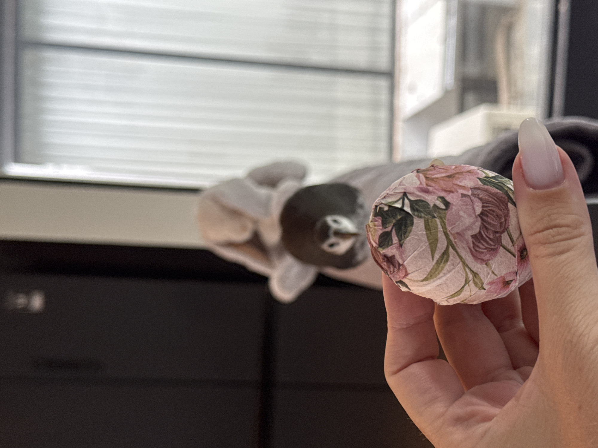 A hand with long, light-colored nails is holding a round object covered in a floral print. In the blurred background, there is a gray and white object, possibly a stuffed animal or blanket. A window with blinds is visible in the upper left corner, and a dark-colored piece of furniture is underneath. The exact location within Nusa Dua, Indonesia, cannot be determined from the image.