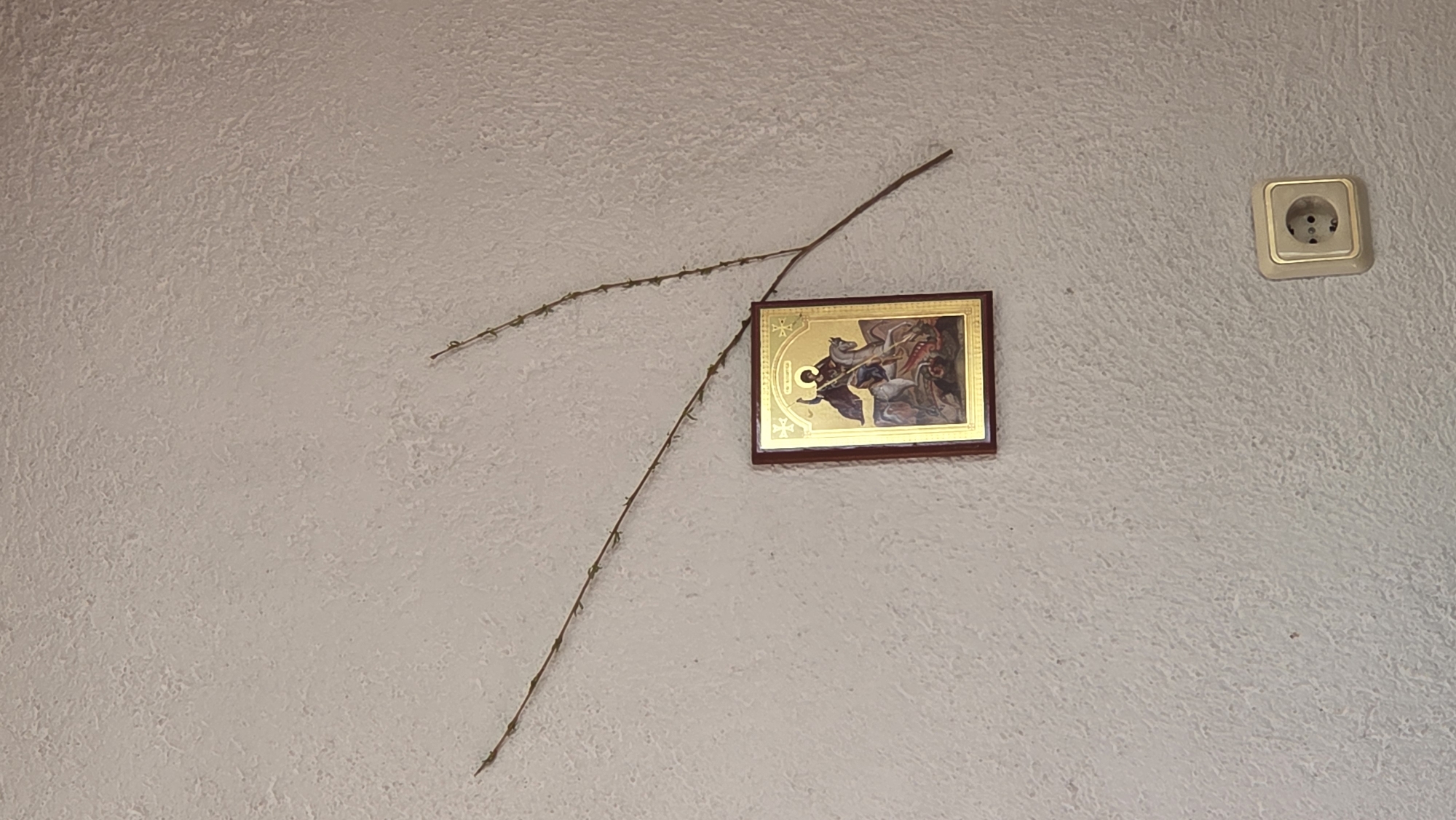 A medium, eye-level shot shows a textured, off-white wall with a few items attached. A gold-framed religious icon, approximately rectangular, is affixed to the wall. To the left of the icon is a long, curved tree branch, also attached to the wall. To the right of the icon and higher up is a square, light-beige electrical outlet. The image provides no discernible information about the location. There is no mention of any people or subjects.