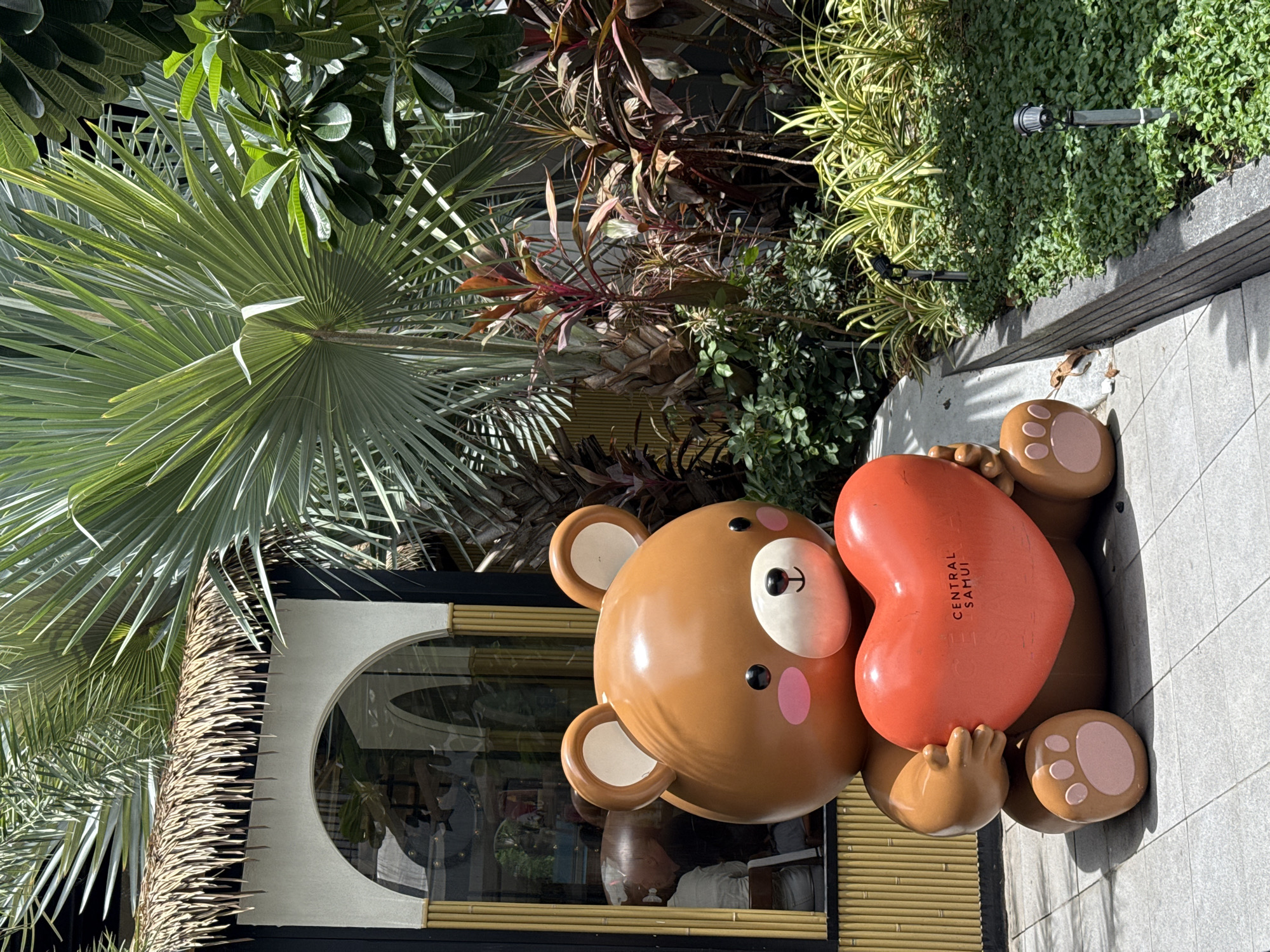 A large, cartoonish brown bear statue sits on a tiled walkway, holding a red heart. The heart has the words "CENTRAL SAMUI" printed on it in white. The bear is positioned in front of a building with a thatched roof overhang and a large arched window. Behind the bear, a variety of lush green and red foliage, including palm trees and other tropical plants, creates a dense, vibrant backdrop. Two small, black garden lights are visible along a stone border in the foreground, illuminating the plants. The scene appears to be outdoors, with the bright sunlight casting shadows on the walkway. The architecture of the building, particularly the thatched roof and bamboo-like columns, suggests a tropical or resort setting. The overall impression is of a cheerful, welcoming outdoor display, likely in a public space or commercial area within the city of Ko Samui District, Thailand.