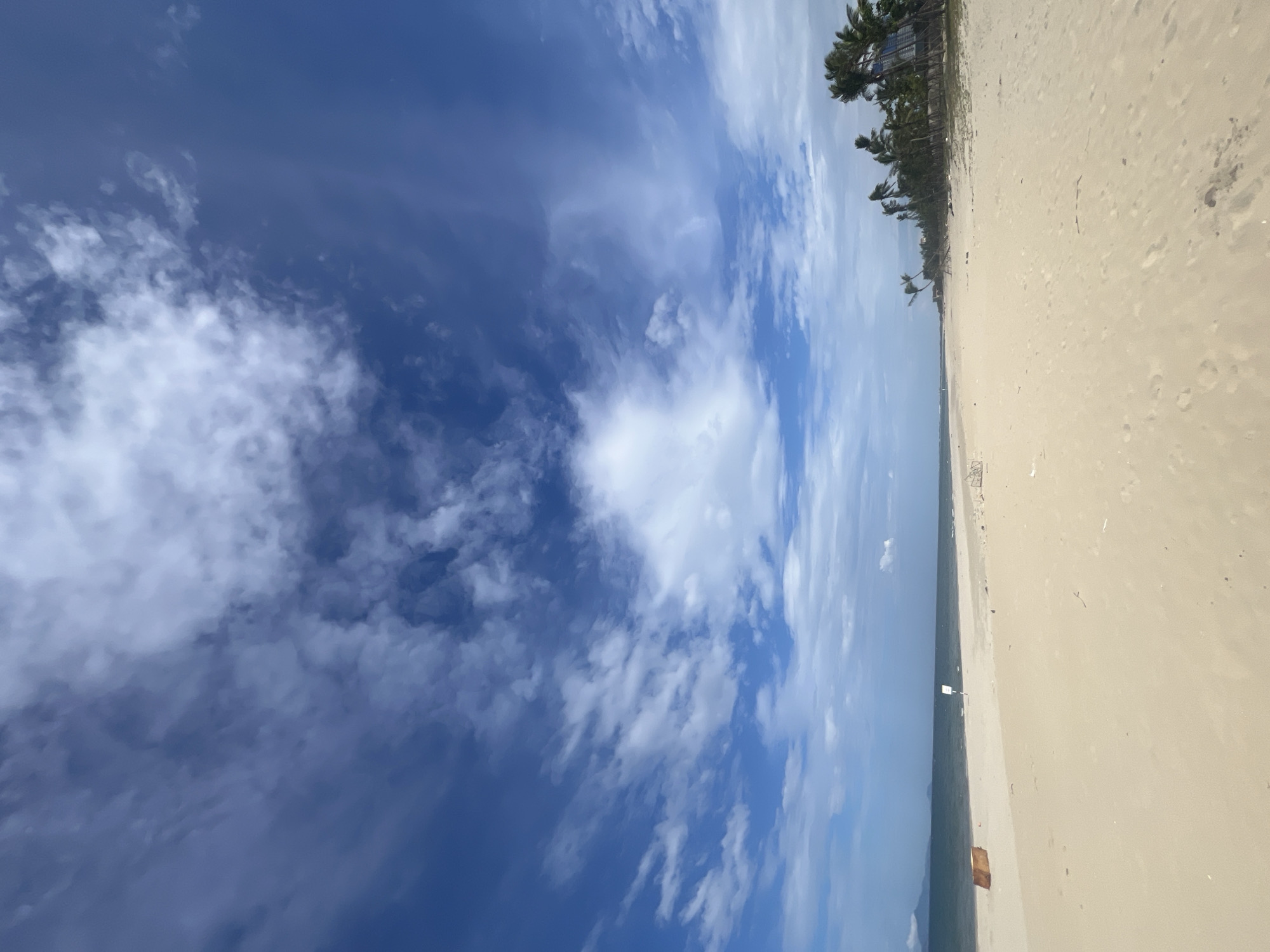 A wide, sandy beach stretches across the lower half of the frame under a vast, blue sky dotted with scattered white clouds. The ocean is visible in the distance, a strip of deep blue meeting the horizon. On the left side of the beach, a small, brown, rectangular object, possibly a wooden crate, rests near the water's edge. Further along the shoreline, a white signpost stands erect. The right side of the beach is lined with a dense growth of palm trees, their fronds rustling in the wind. Some buildings are visible behind the trees. The sand itself appears smooth with faint footprints. This scene is typical of An Bang Beach in Hoi An, Vietnam.