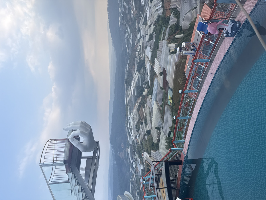 The image presents a panoramic view from a high elevation in Đa Lộc, Vietnam, under a partially cloudy sky. In the upper left, a prominent white, sculpted hand supports a modern viewing platform, which features clear glass panels and dark metal railings. Below this structure, occupying the lower-left and central foreground, is a curvilinear swimming pool with blue mosaic tiles. A decorative railing, predominantly red and blue with white scrollwork, borders the pool's far edge. A small pink and white dolphin statue stands on the pool's perimeter to the right. The expansive midground and background reveal an extensive landscape characterized by numerous white or translucent greenhouse structures covering undulating hillsides, indicating widespread agricultural activity. Distant, hazy mountains are visible on the horizon.