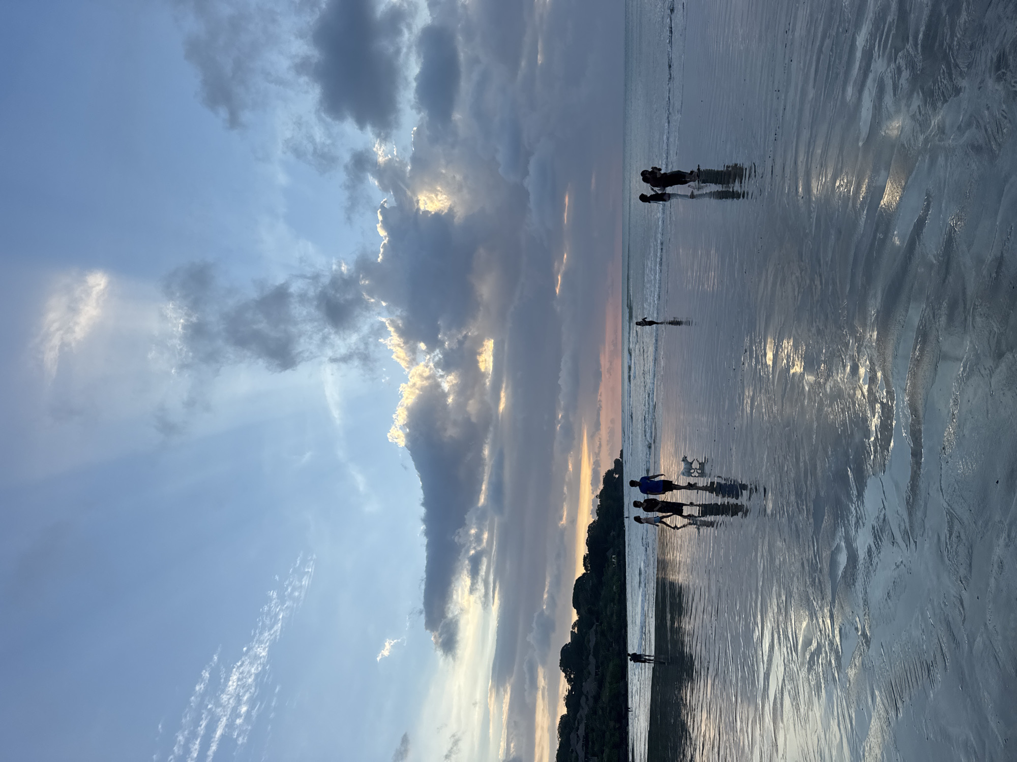 The image captures a serene, wide-angle view of a beach at sunset in Kuta Selatan, Indonesia. The sky, occupying the upper half, is a dramatic blend of clear blue patches and expansive, layered clouds. Sunbeams pierce through gaps in the clouds, illuminating their edges with golden and pink hues, signaling either sunrise or, more likely, sunset.
The lower half of the frame depicts a vast expanse of wet, sandy beach, reflecting the twilight sky and its colors. The sand exhibits intricate ripple patterns and textures, evidence of the receding tide or gentle waves. The water's edge is visible, with faint waves breaking near the shore.
Several individuals are present on the beach, rendered as dark silhouettes against the brighter backdrop of the sky and reflective sand. In the mid-ground, a group of three people, possibly two adults and a child, are seen near the water, one of whom appears to be interacting with a white dog. Other solitary figures are scattered further along the shore.
On the distant horizon, a dark, tree-covered landmass or island forms a stark silhouette against the twilight glow. The overall atmosphere is peaceful and reflective, characteristic of a tranquil evening at a tropical beach. No visible text is present in the image.
