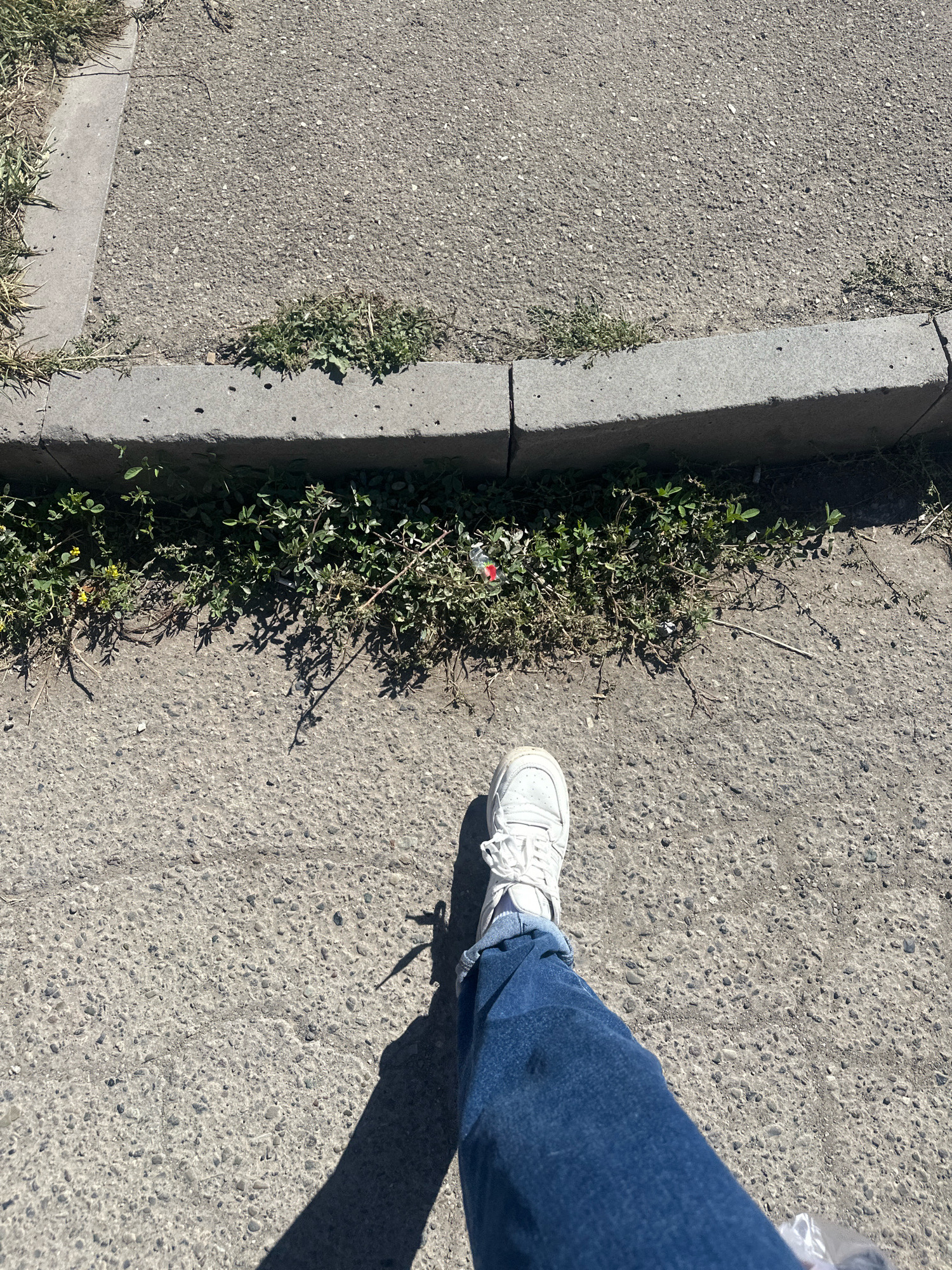 A first-person perspective shot shows a person wearing blue jeans and white sneakers walking on a paved path. The path is bordered by a concrete curb, with overgrown green weeds and some yellow flowers growing in the crevices. The scene is bathed in bright sunlight, casting a distinct shadow from the person's leg and shoe onto the pavement. In the background, a patch of rough asphalt is visible, with sparse grass growing along the edge. The overall environment appears to be an outdoor urban setting in Gyumri, Armenia, possibly a sidewalk or street adjacent to a green space.