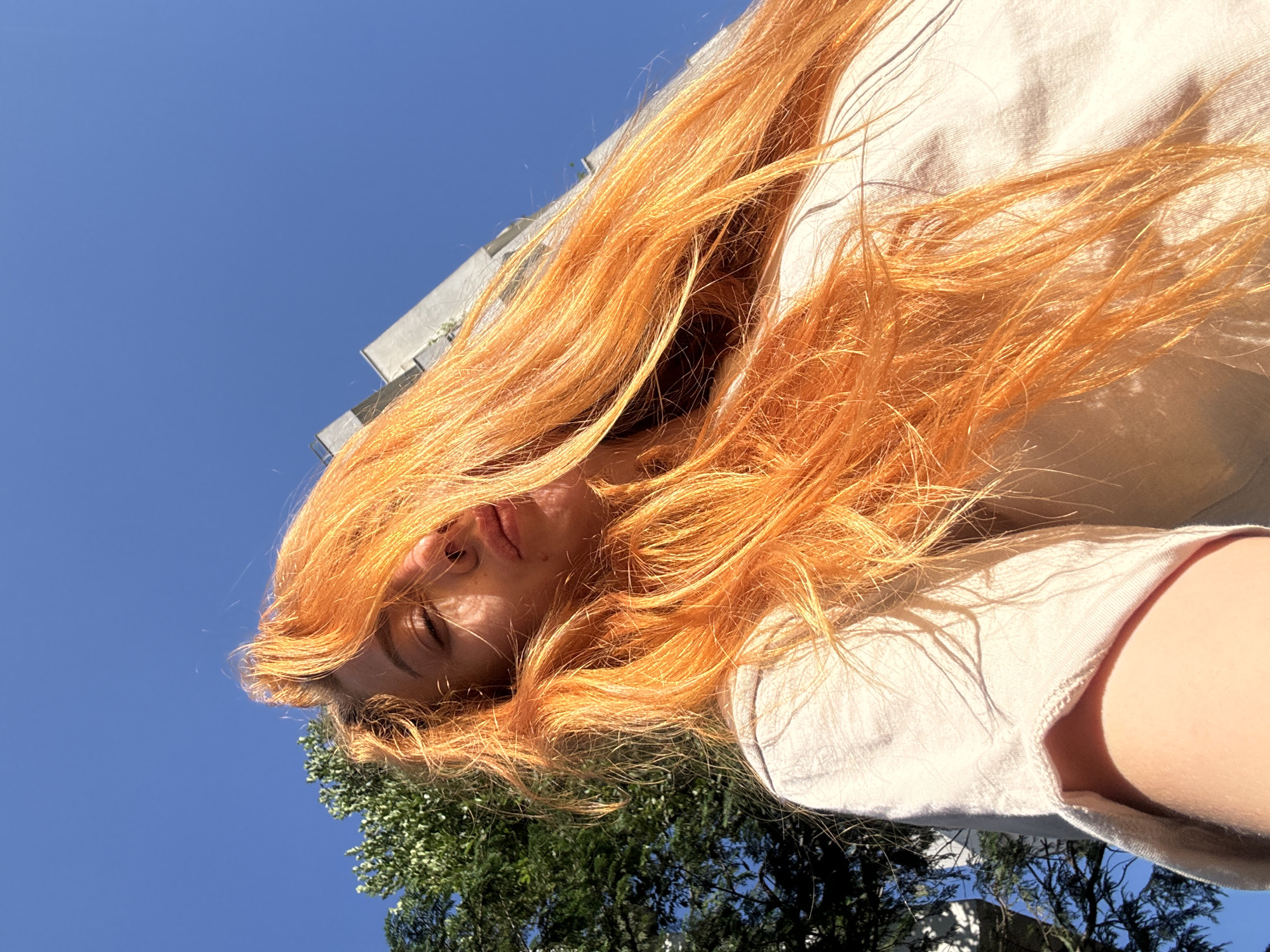 The image is a low-angle, close-up shot of a person with vibrant orange hair, seen from below. The person is wearing a light-colored t-shirt. Sunlight is casting shadows and highlights across their hair and face, with one eye visible, closed. The background consists of a clear blue sky, a dark green tree on the left, and a modern building with a grey facade on the right. The scene appears to be outdoors in an urban environment, possibly Budva, Montenegro, given the architectural style of the building and the presence of lush greenery. The overall impression is a snapshot taken on a bright, sunny day.