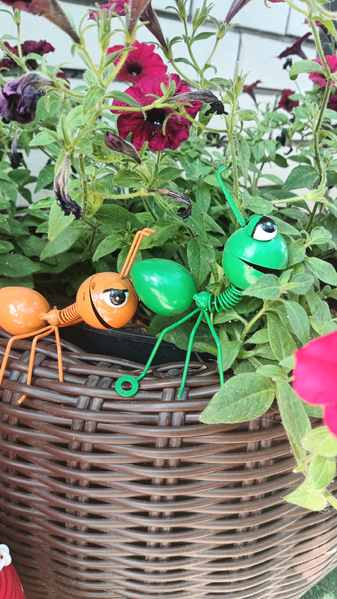 In a close-up, eye-level shot, two decorative metal ants are placed in a woven brown planter filled with green leafy plants and deep pink petunias. The ant on the left is orange, with a large eye and a coiled spring connecting its head to its body. The ant on the right is green, with a similar large eye and a bright green, oval-shaped abdomen. The planter appears to be made of a dark brown, plastic material, imitating woven wicker. The background consists of more greenery and blurred pink flowers. The scene is outdoors, suggesting a garden or patio setting. There is no identifiable indication of the city of Kryvyi Rih, Ukraine, within the image itself.