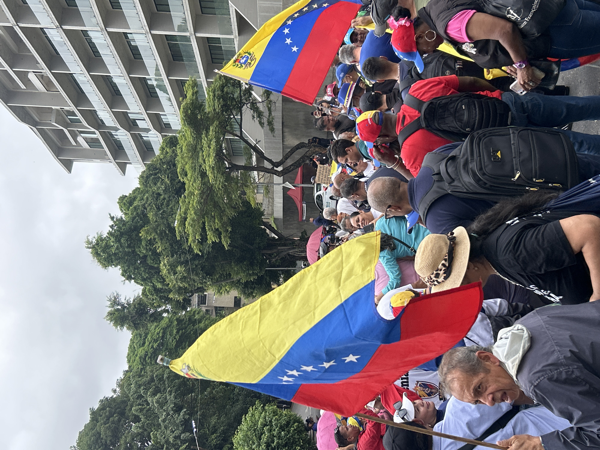 This image depicts a large outdoor gathering of numerous people, primarily adults, in an urban environment. Two prominent Venezuelan flags are being held high within the crowd.
The Venezuelan flags display the national design of horizontal yellow, blue, and red stripes. On the blue stripe, eight white stars are arranged in an arc. One of the flags also features the national coat of arms in the upper left corner of its yellow stripe.
In the background, a modern building with multiple levels and a grid-like facade is visible, situated behind a line of dense green trees. The sky is overcast, indicating a cloudy daytime setting, with no direct sunlight. Further back in the crowd, a person can be seen holding a pink umbrella, suggesting recent or impending rain.
The individuals are densely packed, standing and facing generally in the same direction, characteristic of a protest, rally, or public demonstration. Their expressions are mostly neutral or focused. Many are dressed in casual attire, including caps, t-shirts, and backpacks.
Visible text includes:
- On a black backpack, a yellow triangular logo with the black text "CAT" and "PILAR" in smaller letters below it.
- On a black sleeveless top worn by a woman, white text is partially visible, including the word "Française," likely part of a longer phrase such as "Culture Française" or "Alliance Française."
- A partially obscured sign or banner is visible further back in the crowd.
The scene conveys a sense of collective participation and national identity, emphasized by the prominent display of the Venezuelan flags. The setting is Caracas, Venezuela.