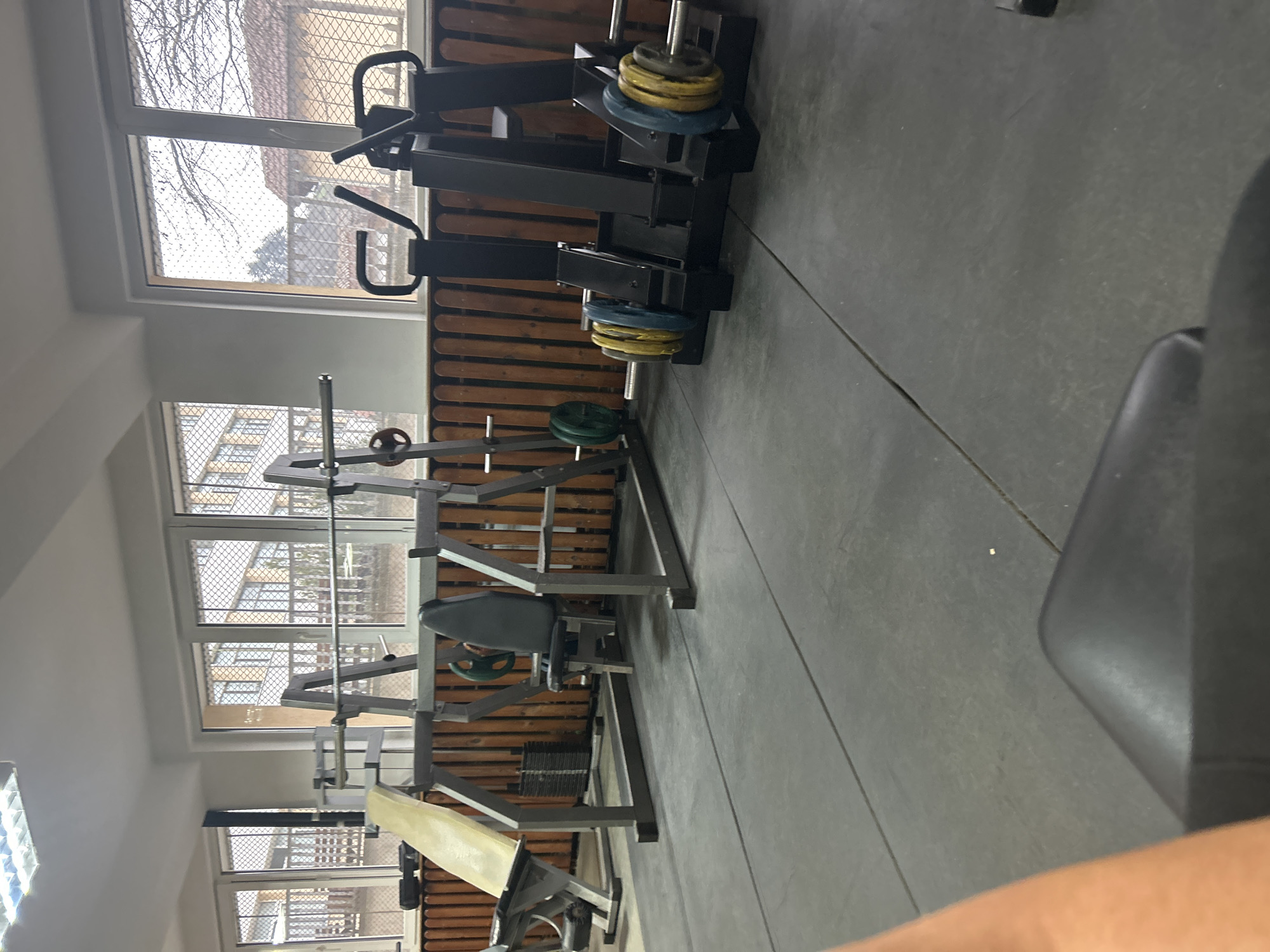 The image shows the interior of a gymnasium in Zlatograd, Bulgaria. The gym equipment includes weight machines, benches, and a barbell rack. Natural light enters through windows, which show buildings outside. No people are visible. The environment appears organized and functional.