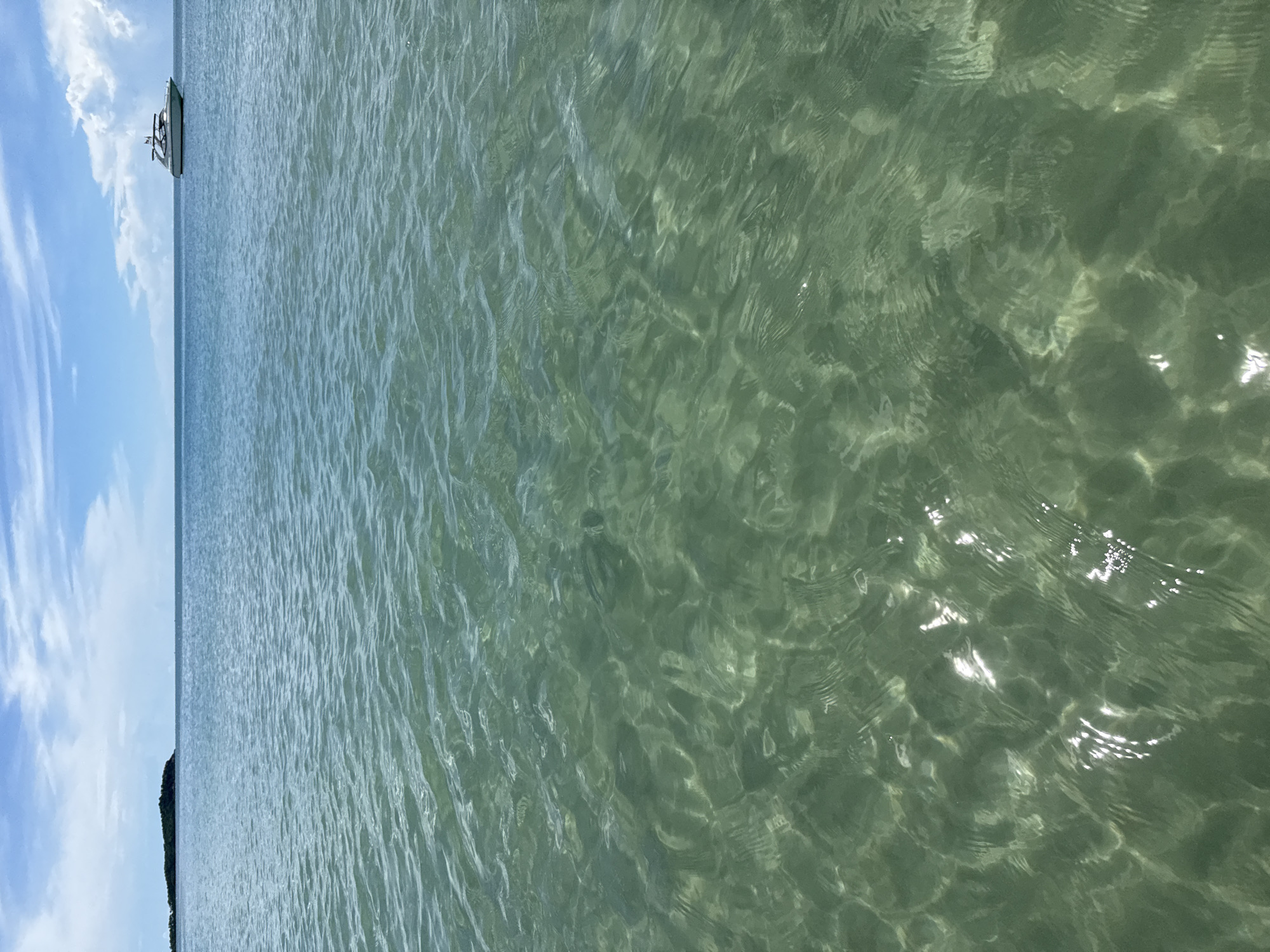 The image shows a body of water, likely the ocean, under a bright, partly cloudy sky. The water is clear and green, with sunlight reflecting off the surface, creating shimmering patterns. In the distance, on the left, a small, dark, tree-covered island is visible. On the right, a white motor yacht is sailing on the horizon. The foreground is dominated by the texture and light play on the water. The scene evokes a sense of calm and open space, characteristic of a tropical coastal environment. While the image provides a beautiful seascape, it does not contain any elements that would allow for a specific location within Baan Chaweng, Thailand to be identified.
