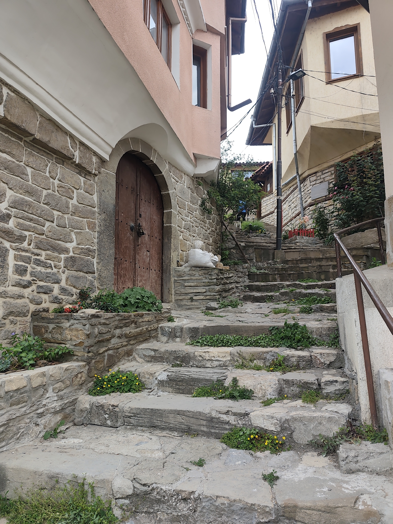 Here's a description of the image:
The image captures a narrow stone staircase ascending through a European town. The stairs are constructed of irregular stone slabs, with small plants growing in the gaps between the stones. The staircase is framed by buildings on either side.
On the left, a building constructed of stone blocks, topped with a section of light pink plaster. An arched doorway with a wooden door is visible along the side of the stairs.
On the right, a stucco building with a window. Utility poles and wires are visible overhead. A metal handrail is present on the right side of the stairs, providing support for those ascending.
The scene is a quiet, slightly overgrown urban landscape with old stone architecture.