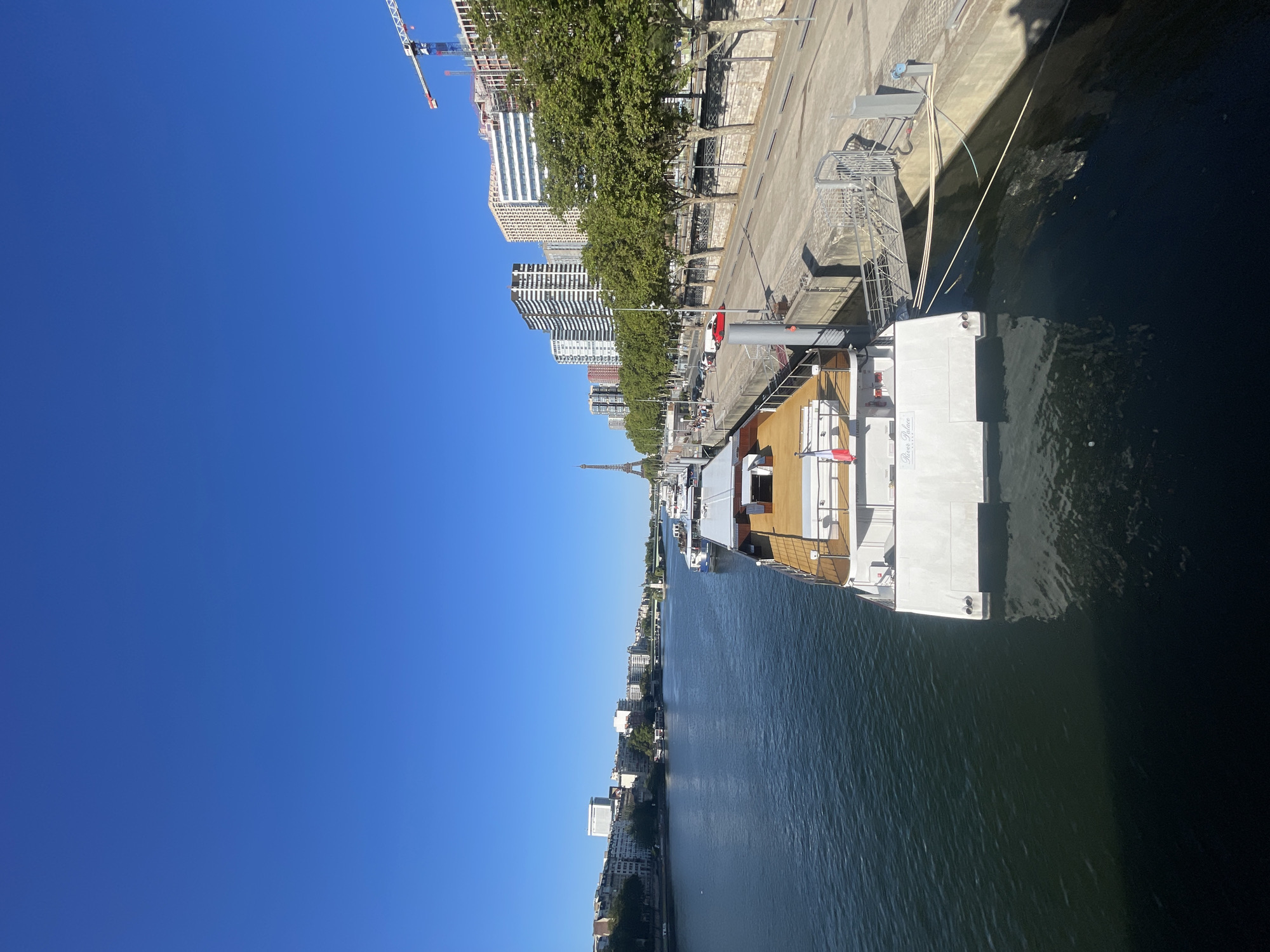 This is an eye-level, full-shot photograph of a sunny day along the Seine River in Paris, France. The river occupies the left two-thirds of the frame, its dark blue-green water reflecting the clear, bright blue sky. Moored along the right bank is a large, white, multi-story boat, its name "River Palace" visible on its side, along with a French flag. The boat has a wooden deck area and appears to be a tourist vessel.
Adjacent to the boat is a concrete embankment and promenade, lined with mature green trees. Beyond the trees, a row of modern, multi-story buildings with varying architectural styles stretches along the horizon. In the distance, on the left side of the frame, the Eiffel Tower is visible. Construction cranes are also present, suggesting ongoing development in the city. A few cars and pedestrians can be seen on the street next to the promenade. The overall scene is one of urban life and tourism in Paris.