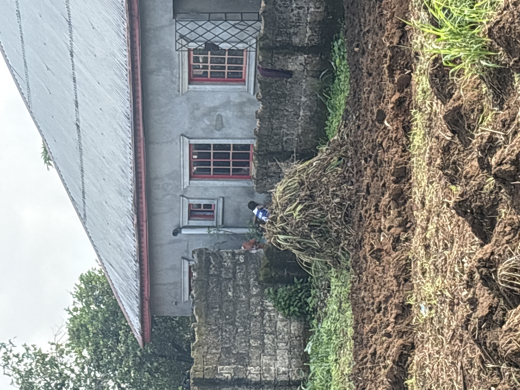 The image shows a two-story building with a corrugated metal roof in Ikot Ekpene, Nigeria. The building has gray walls and red-framed windows. A stone wall partially obscures the side of the building, with foliage growing along its base. Adjacent to the wall is a patch of tilled earth. A person wearing a blue and white shirt is visible on the wall near the building. A tree is partially visible on the left side of the image. The sky is overcast.