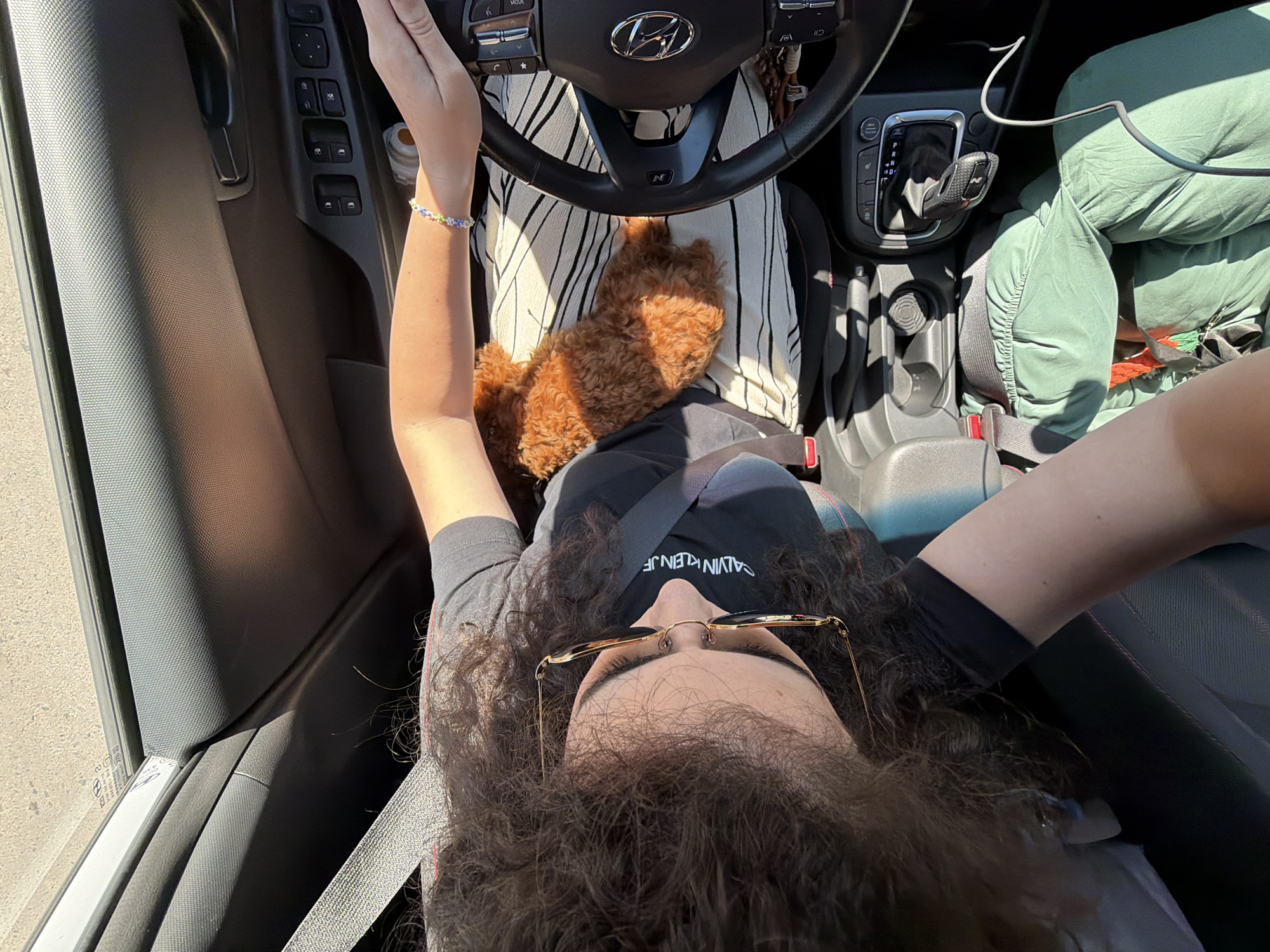 The image shows a person sitting in the driver's seat of a car. The person has long, curly brown hair and is wearing sunglasses, a black t-shirt with a Calvin Klein logo, and green pants. A small, fluffy brown dog is sitting on the person's lap, on top of a striped blanket. The car's interior is visible, including the steering wheel, dashboard, gear shift, and seatbelt. The scene appears to be set during the daytime, with sunlight streaming into the car. The location is described as Busmantsi, Bulgaria.