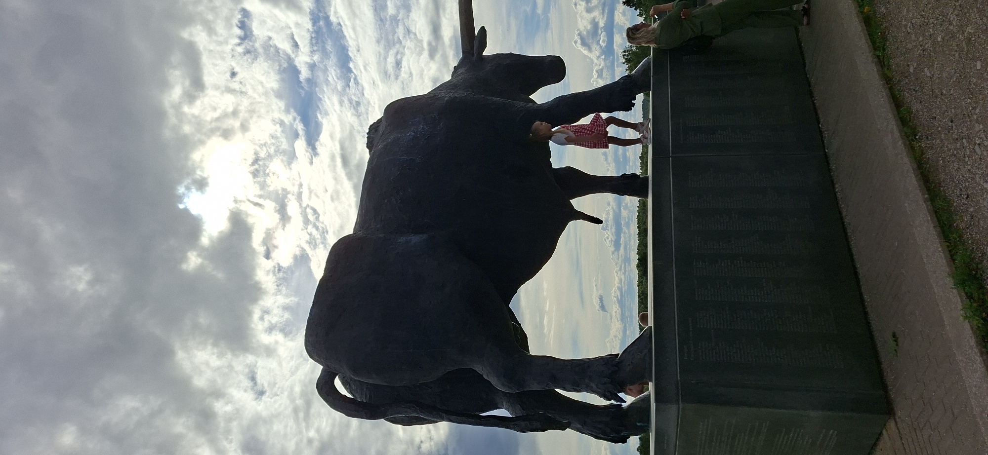 The image shows a monumental bronze sculpture of a bull, situated on a dark, rectangular pedestal that is inscribed with numerous names. The sculpture is dark and textured, depicting the bull in a powerful stance. In the foreground, a young girl in a pink and white checkered dress is standing on the pedestal, looking towards the left. To the right, a woman in a green jacket and pants is leaning against the pedestal, facing away from the camera. The background features a cloudy sky with patches of sunlight breaking through, and a line of trees visible on the horizon. This sculpture is located in Rakvere, Estonia, and is part of the Rakvere Sculpture Park. The names on the pedestal appear to be a memorial, possibly honoring individuals associated with the bull's symbolism or significance in the region.