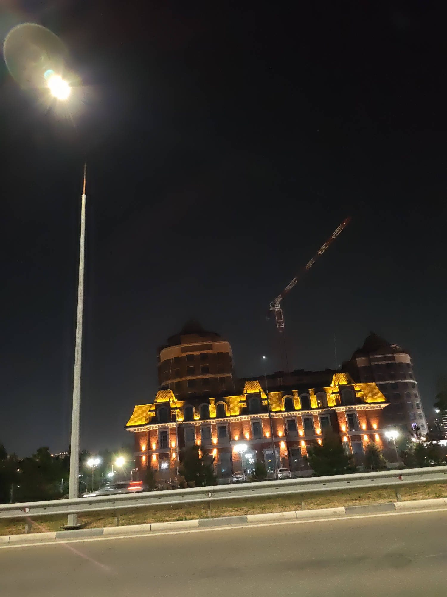 A night-time, wide-angle photograph captures a street scene in Rostov-on-Don, Russia, featuring a brightly illuminated building and construction equipment. A tall, slender lamppost with a prominent light source in the upper left corner dominates the left side of the frame, casting a strong glare. In the background, a multi-story building, appearing to be under construction or renovation, is prominently lit with warm yellow lights, highlighting its ornate architectural features, including a steep, mansard-style roof with dormer windows. A construction crane with red and white segments extends diagonally across the dark sky above the building. In the foreground, a road with lane markings is visible, with a metal guardrail separating it from a grassy median. The overall atmosphere is that of a developing urban area at night, with the artificial lighting creating a dramatic contrast with the dark sky. No people are clearly discernible in the image.