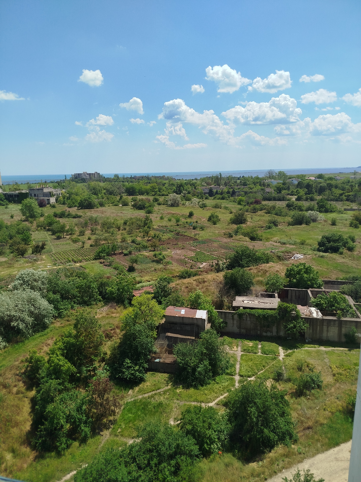 This is an eye-level, horizontal, medium shot of a rural landscape under a blue sky with white clouds. The foreground consists of green grass and various trees. A concrete structure with an exposed foundation and some debris is in the lower right and center right of the image. Beyond the foreground, there are rows of plants, possibly a garden, and more trees. In the midground, several buildings are visible, some appearing derelict with overgrown vegetation. The background shows a distant body of water, likely the sea, with more buildings and trees along the coastline. The overall scene suggests a somewhat neglected, possibly abandoned, rural or semi-rural area near the coast. There are no people or animals visible in the image.