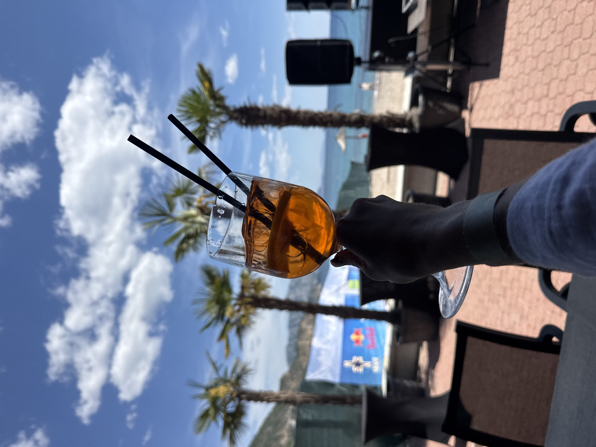 The image captures a vibrant, sunny outdoor scene, likely at a beachside bar or cafe. A person's hand, wearing a light-colored sleeve, holds a stemmed glass containing an orange-hued drink, possibly an Aperol Spritz. The drink has ice cubes, an orange slice, and two black straws.
In the midground, several tall palm trees with visible trunks and green fronds are scattered, framing the view. The background reveals a sandy beach leading to the calm, blue sea, with distant mountains visible across the water. The sky is bright blue with scattered white, fluffy clouds, indicating clear and sunny weather, likely midday or afternoon.
To the left, a dark speaker on a stand and part of a paved, possibly hexagonal-tiled, area are visible. To the right, dark outdoor furniture, resembling chairs and tables, is partially shown. A prominent blue banner or flag displays the "Red Bull" logo and text. Below the Red Bull branding, there is a white logo (resembling a cross or star-like shape) and some faint, unreadable text, possibly "ALMI" as suggested by a crop.
The setting evokes a relaxed, holiday atmosphere in a coastal location, consistent with Prijevor, Montenegro, featuring natural beauty and leisure activities.
