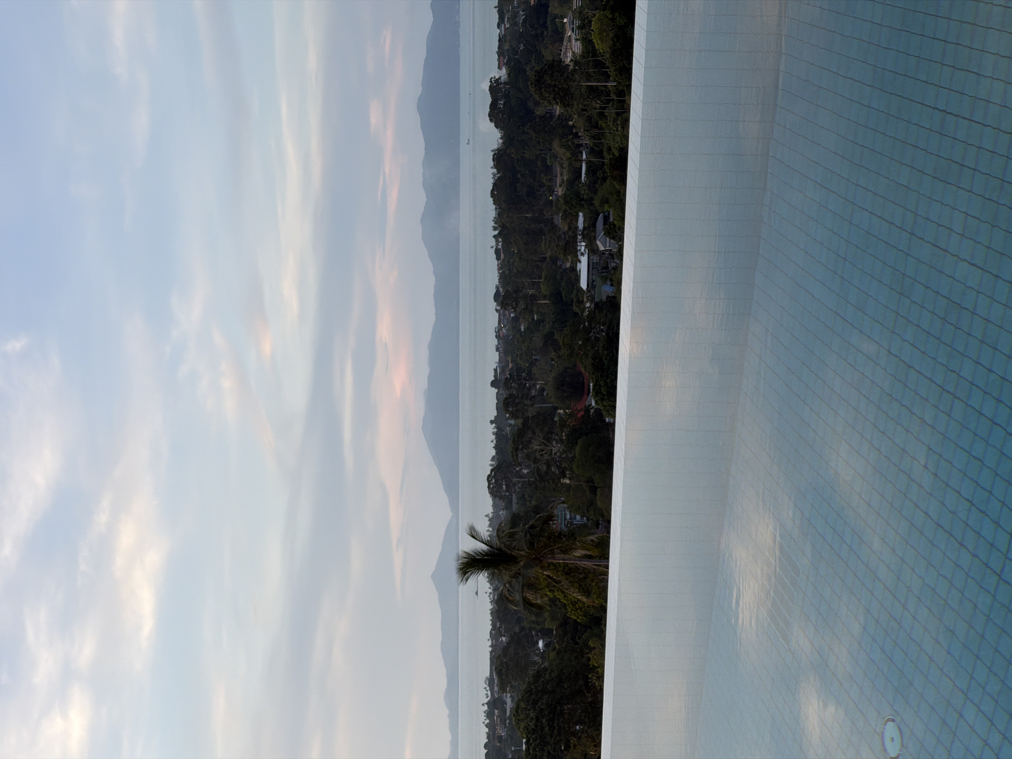 A scenic view from what appears to be a high vantage point, featuring an infinity pool with tiled edges extending to the right side of the frame. Beyond the pool, a body of water stretches towards the horizon, flanked by landmasses with dense vegetation. Mountains are visible in the distance under a sky with soft, muted colors, suggesting either sunrise or sunset. A palm tree stands out amidst the greenery.