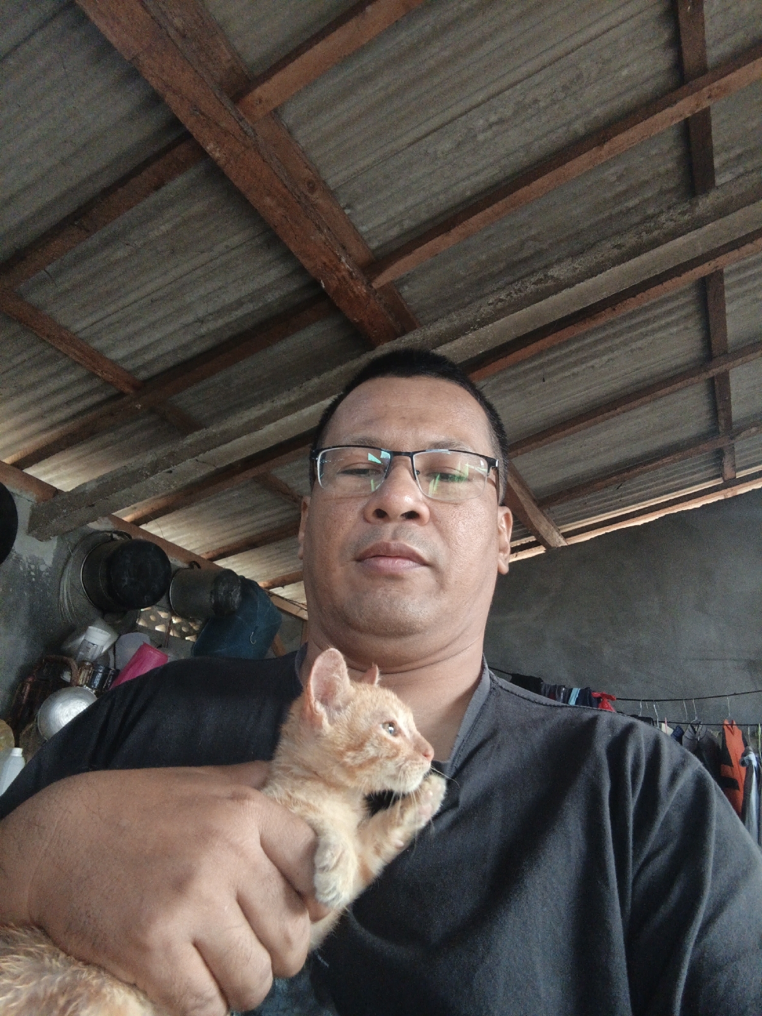 A man with short, dark hair and glasses is holding an orange kitten. He is wearing a dark grey t-shirt. The kitten is facing to the right, with its paws resting on the man's arm. The background shows a corrugated metal roof supported by wooden beams. To the left, there are some metal pots and containers. To the right, clothes hang on a line. The scene appears to be outdoors or in an open-air structure. The location is identified as Gedung Nyapah, Indonesia.