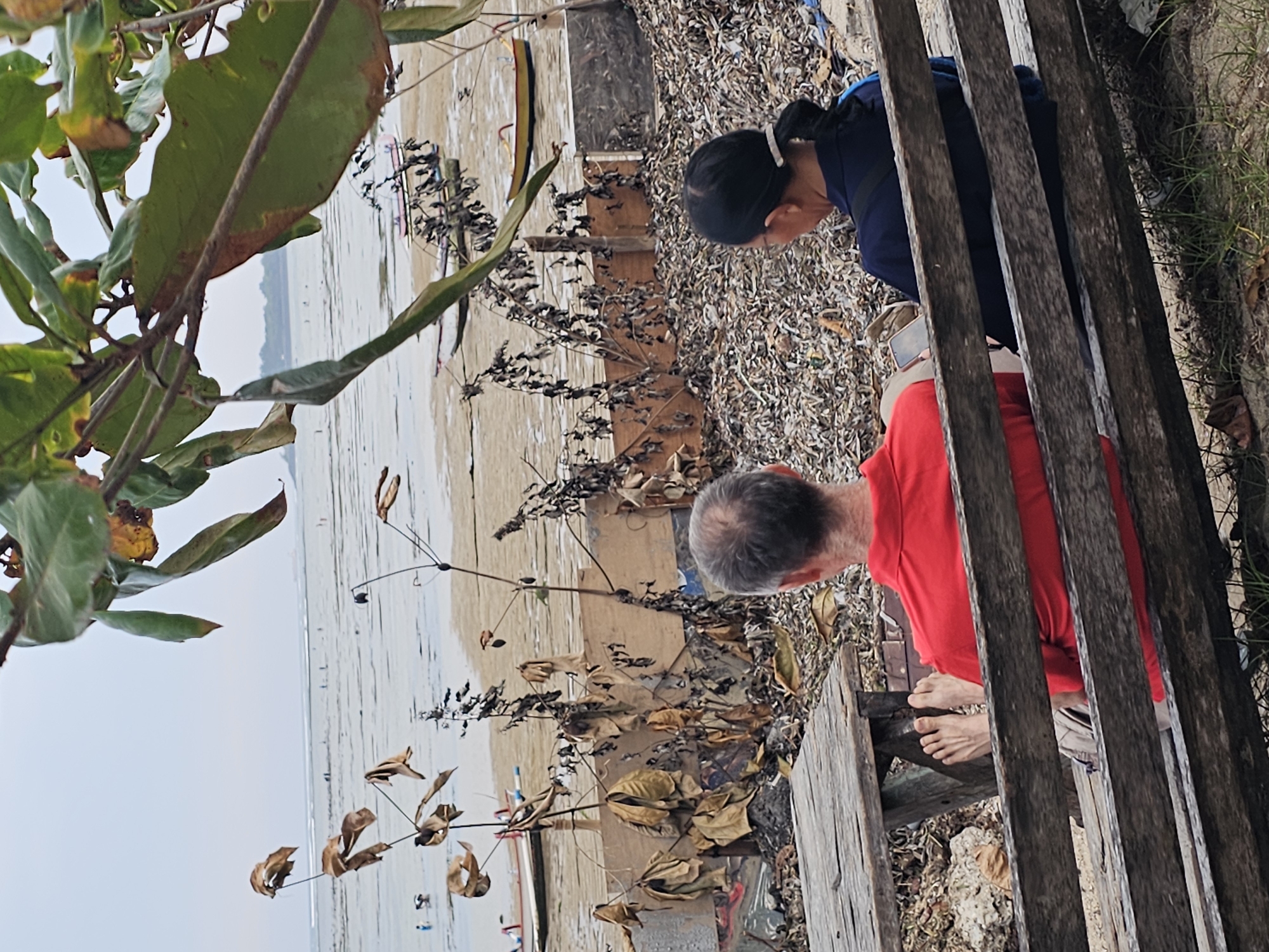 The image depicts a beachfront scene in Denpasar, Indonesia, with two individuals seated on a weathered wooden bench. The man on the left, wearing a red polo shirt, has his bare feet propped up on a wooden table. The woman on the right, dressed in a navy blue top, is looking at her phone. The background reveals a sandy beach with receding tide, exposing wet sand and various small boats docked. Further back, the ocean stretches to the horizon under an overcast sky. The foreground and midground are cluttered with debris, including dried leaves, driftwood, and construction materials, suggesting a potentially neglected or recently impacted area of the beach. The overall impression is one of quiet observation against a backdrop of natural beauty marred by human presence and environmental remnants.