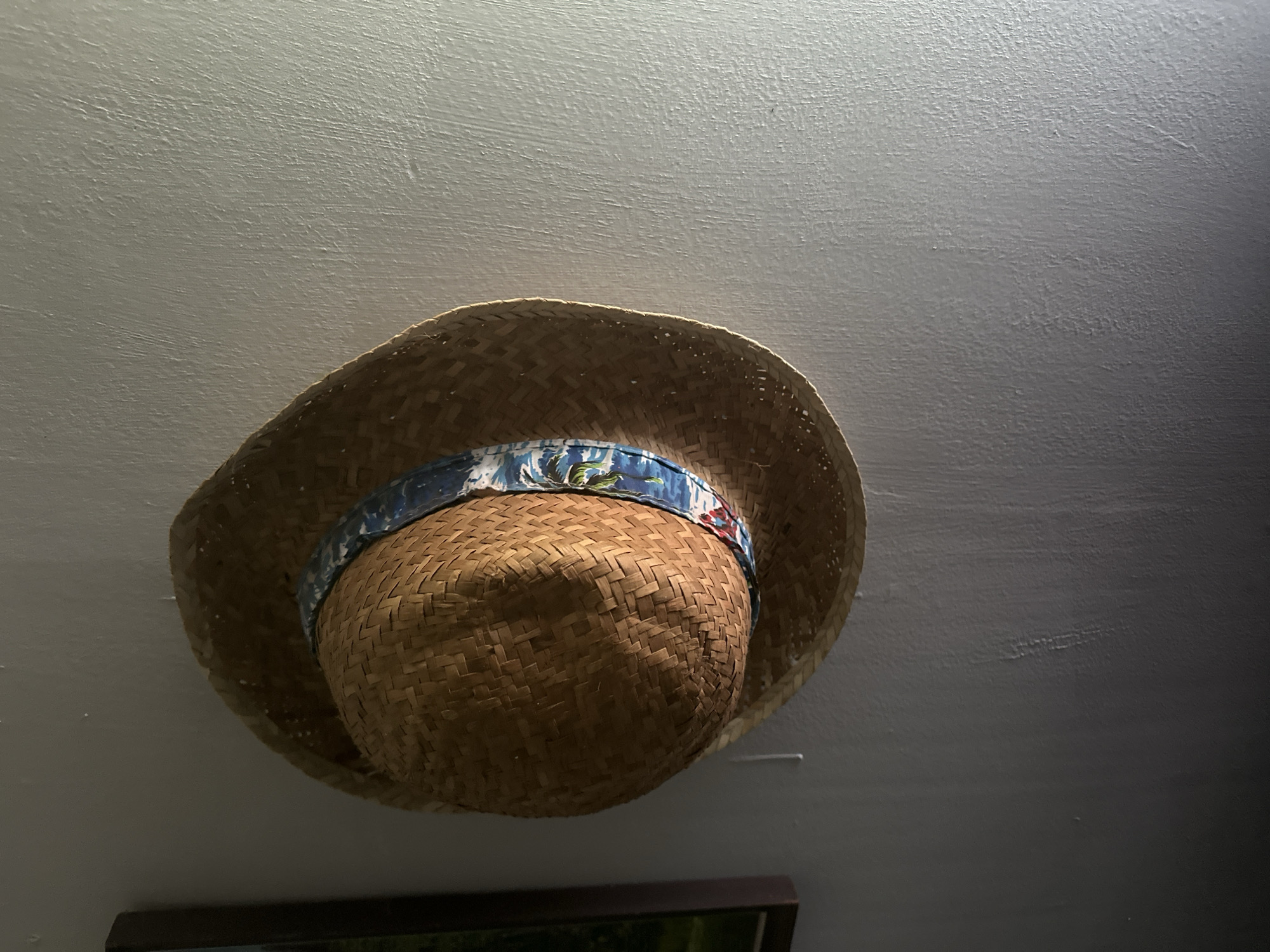 A straw hat with a blue and white patterned band, featuring palm trees, is hanging on a light-colored wall. A framed picture is partially visible on the left side of the image. The scene appears to be indoors, with natural light illuminating the wall and the hat. The location is in the city of Katun', Russia.