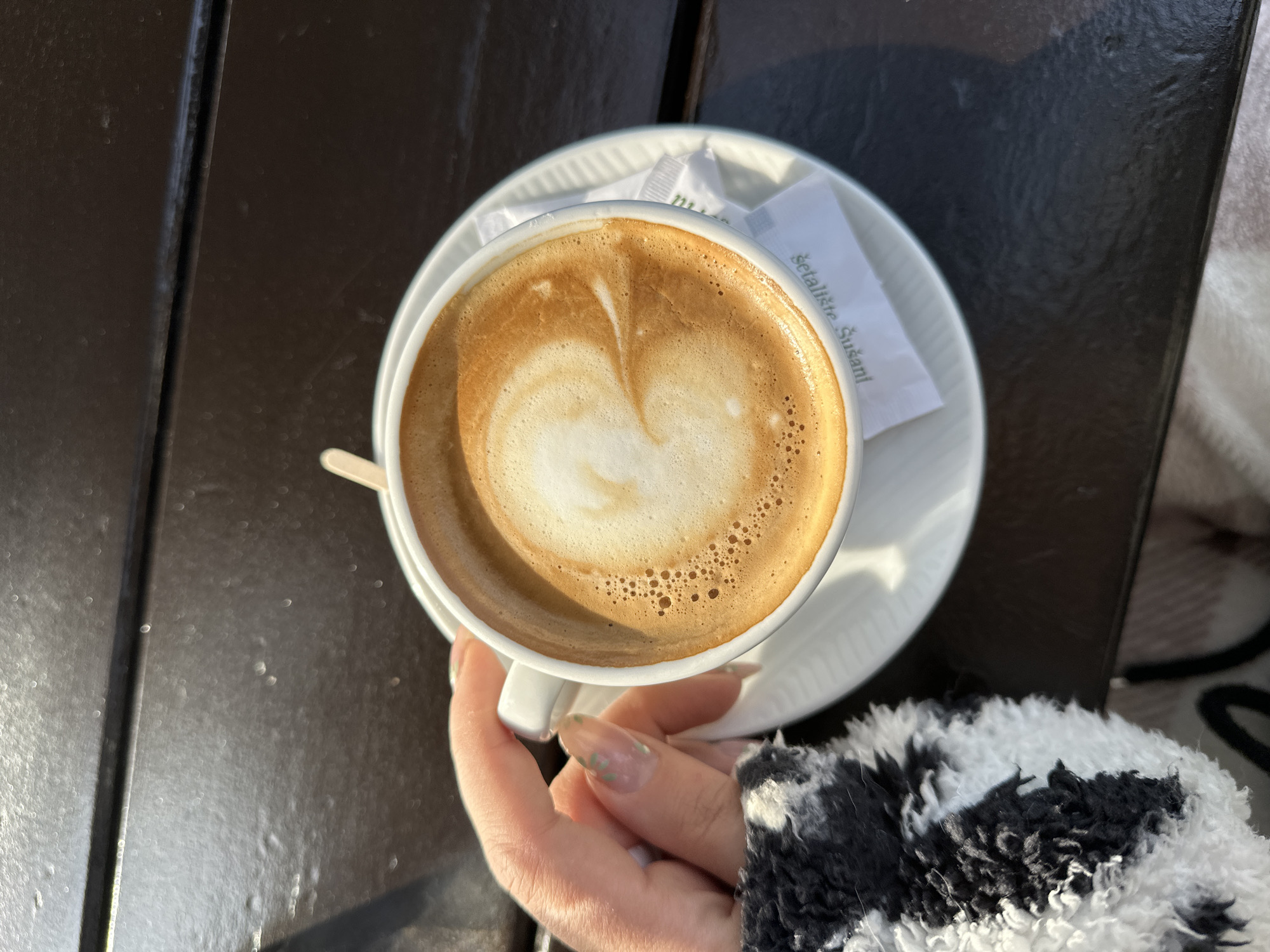An overhead, close-up view depicts a human left hand holding a white ceramic coffee cup by its handle, positioned on a dark, possibly wooden, table surface. The cup contains a beverage resembling a cappuccino or latte, characterized by a rich brown crema and frothed milk with a faint, light-colored latte art pattern, possibly a heart or leaf. The hand exhibits manicured nails with a light base and subtle green glitter accents. Part of a black and white fluffy or shaggy garment is visible in the lower-left quadrant, worn by the person holding the cup. The cup rests on a white ceramic saucer, which holds two white paper sugar packets. One packet is clearly legible, displaying the text "Šetalište Šušanj" and a small green logo, indicating the location is the promenade in Šušanj, Montenegro. A light-colored wooden stirrer is partially submerged in the coffee. The scene is illuminated by strong natural sunlight, casting reflections on the beverage surface and the table, suggesting an outdoor setting.