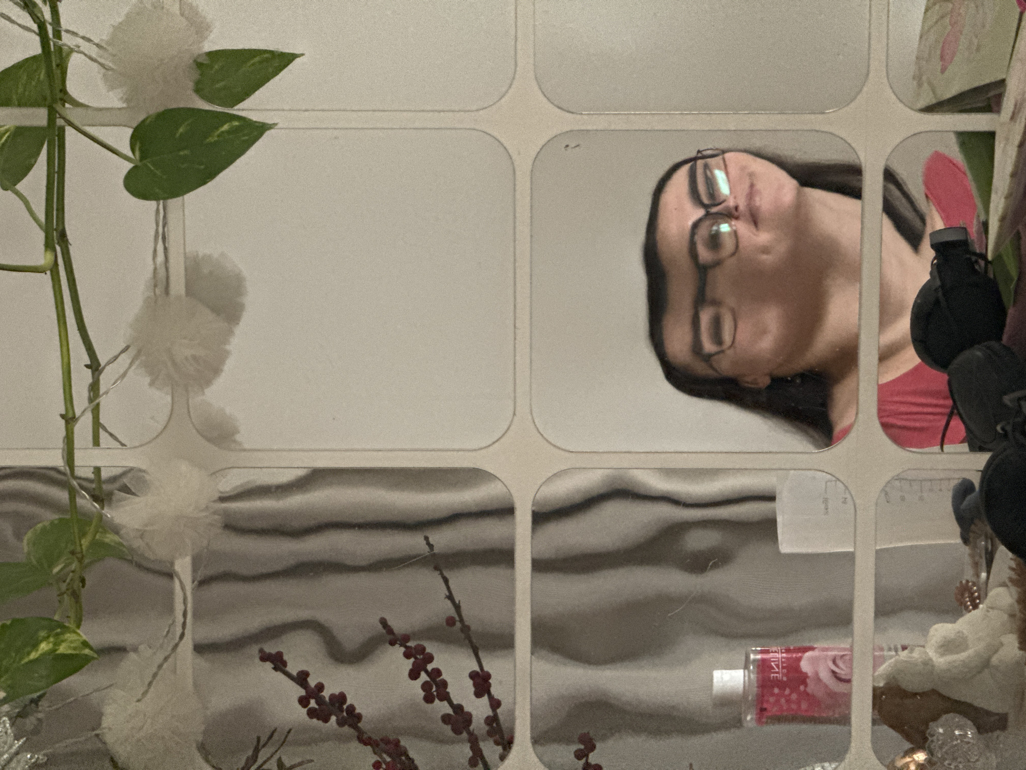 The image shows a collection of small square mirrors arranged in a grid pattern. Reflected in the mirrors are several objects and a person.
In the top right mirror, a person with dark hair and glasses is visible, wearing a red top. There are also objects like a black microphone and what appears to be part of a patterned bag. In the adjacent mirror to the left, the reflection is of a plain white surface.
In the bottom row of mirrors, various objects are reflected. These include a bottle with a pink label and white cap, a white fluffy decorative item, a sprig of red berries, and what appears to be a striped background.
A green leafy plant with white pom-poms is positioned in front of the mirrors, partially obscuring the reflections.
The location in Krasnoyarsk, Russia, cannot be determined from the image.