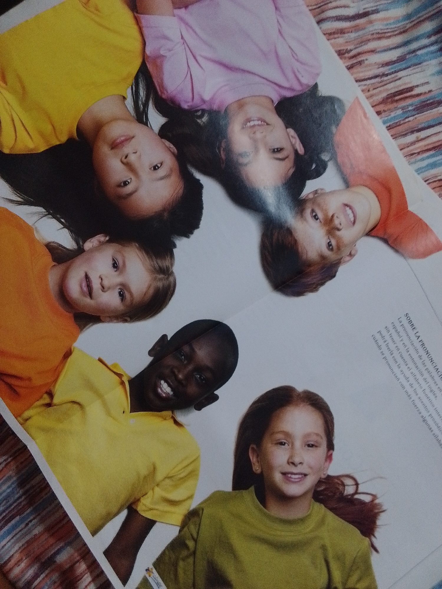 This media file is a photograph of seven children, appearing to be between the ages of five and twelve, lying down and looking upwards towards the camera. The children are of diverse ethnicities and genders. They are all wearing casual clothing, primarily t-shirts in various colors, including yellow, pink, and orange. The background appears to be a flat surface with a colorful striped pattern, possibly a blanket or a rug, and a white surface.
The children are arranged in a slightly overlapping manner, creating a sense of shared activity or a posed photograph. Their expressions are generally neutral to happy, with some smiling. The lighting suggests an indoor setting, and the overall tone is bright and cheerful.
Visible text in the lower right corner of the image is in Spanish and appears to be educational content, with the heading "SOBRE LA PRONUNCIACIÓN" (About Pronunciation). The text discusses the pronunciation of words in Spanish and English, the phonetic alphabet, and syllable stress. The provided location context of "La Tagua, Venezuela" suggests this photograph may be related to an educational context in that region.
There are no clear indicators of the time of day or weather. The scene is focused entirely on the children and the text. The media file is presented as a flat, printed image.
