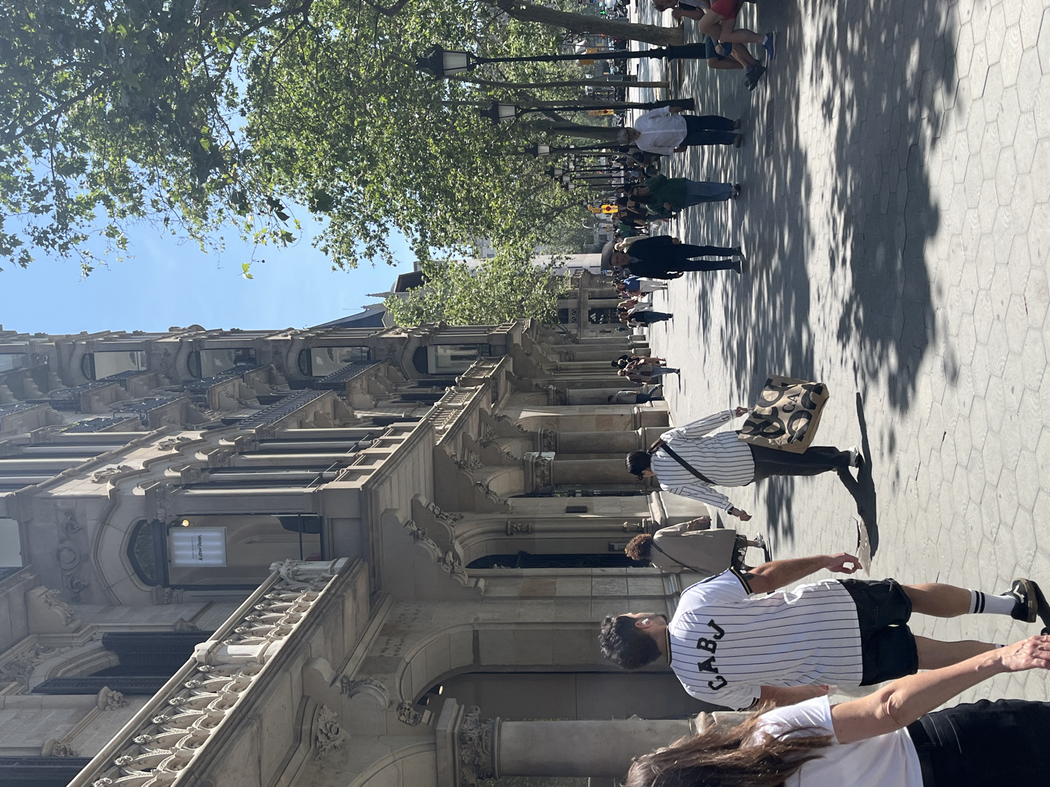 The image, taken on a clear, sunny day in Barcelona, Spain, captures a bustling street scene along a wide pedestrian promenade. The perspective is tilted, with the ground appearing on the right side of the frame.
In the foreground, several people are walking. A man with a beard and dark hair is prominent, wearing a white pinstriped baseball-style jersey with the letters "CABJ" on the back, black shorts, and black and white striped socks. To his left, a woman in a white t-shirt and dark trousers is partially visible. Further back, another person in a similar white pinstriped shirt carries a large tote bag, part of which displays the word "COACH."
The promenade is paved with hexagonal tiles and is lined with mature trees, whose lush green canopies cast dappled shadows across the sunny ground. Several classic black street lamps are visible amongst the trees. Numerous other pedestrians are scattered along the wide pathway, some in direct sunlight and others in the shade.
To the left of the frame, a magnificent, multi-story building with ornate, classical architecture dominates. Its light-colored stone facade features intricate carvings, decorative balconies, and arched windows, reflecting a style often seen in European cities. A sign on one of the lower floors of the building clearly displays "Manequim Lighting." The building rises impressively against a bright blue sky, partially obscured by the foliage of the trees. The overall scene conveys a lively urban atmosphere on a pleasant day.