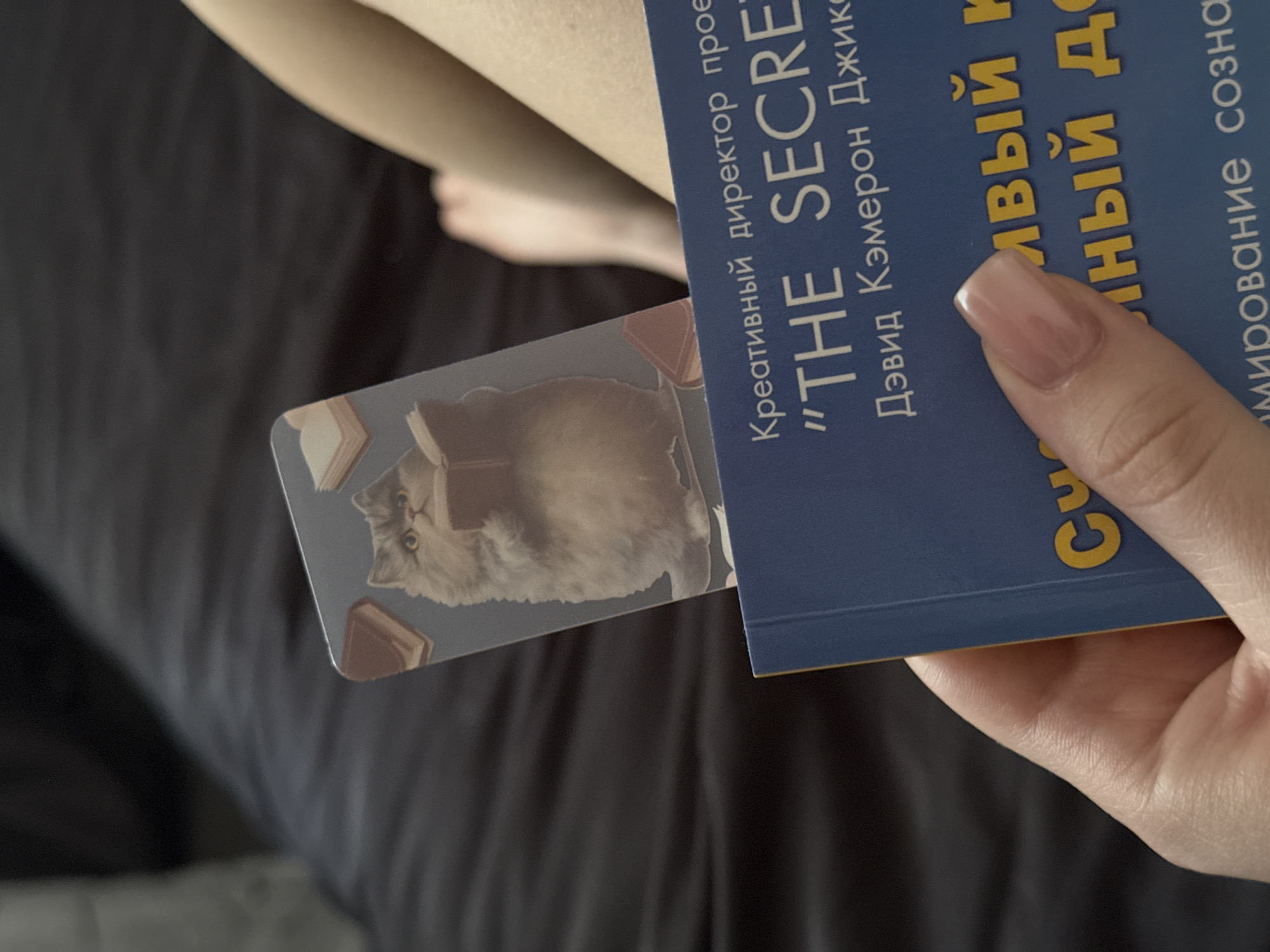 This image shows a close-up of a person's hand holding a blue book. A bookmark with a cartoon cat reading a book is partially visible. The text on the book appears to be in Russian. The background is dark and blurry, suggesting an indoor setting. Without further information or context, it is impossible to determine the location within Novosibirsk, Russia.