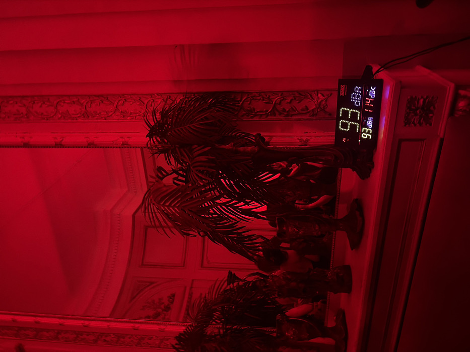 The image displays an ornate interior bathed in intense red light, characteristic of a grand Parisian venue. A large, framed mirror with an elaborate gilded border occupies the central-left, reflecting a similarly decorated room with classical moldings on the walls and ceiling. Below the mirror, a white console table or mantelpiece features intricate carved detailing. On this surface, three prominent artificial palm plants with dark green fronds are arranged, alongside several dark, decorative urns or stands. To the right, a black digital sound level meter rests on the console, displaying "93 dBA" on its top line and "93 dBA 114 dBC" on its bottom line in bright white alphanumeric characters. The wall to the right of the mirror is draped with what appears to be heavy red fabric or wall covering, decorated with textured classical ornamentation. No individuals are visible. The setting suggests an upscale event space, possibly a ballroom or salon within a historic building or a sophisticated nightclub in Paris, France, indicated by the opulent decor and the high sound level reading.