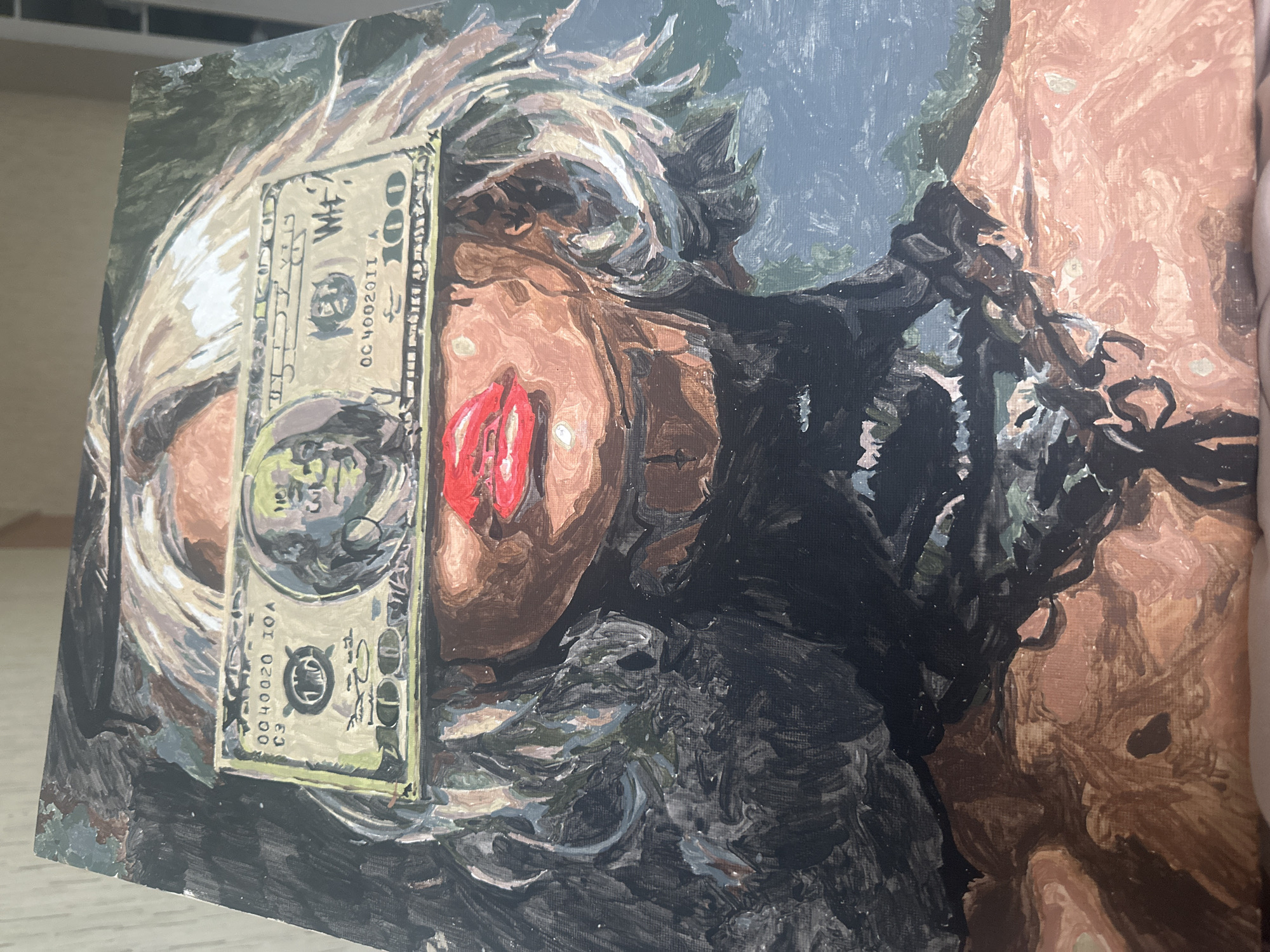 The image shows an unframed, painted canvas. The artwork depicts a woman's face partially obscured by a 100 US dollar bill positioned vertically. The woman has fair skin and red lipstick. Her hair is a mix of light and dark shades. The background is ambiguous, appearing to blend into the subject's clothing or hair. The painting style is impressionistic, with visible brushstrokes and a lack of fine detail.
The location mentioned (Высокий, Russia) is not visually represented in the image.