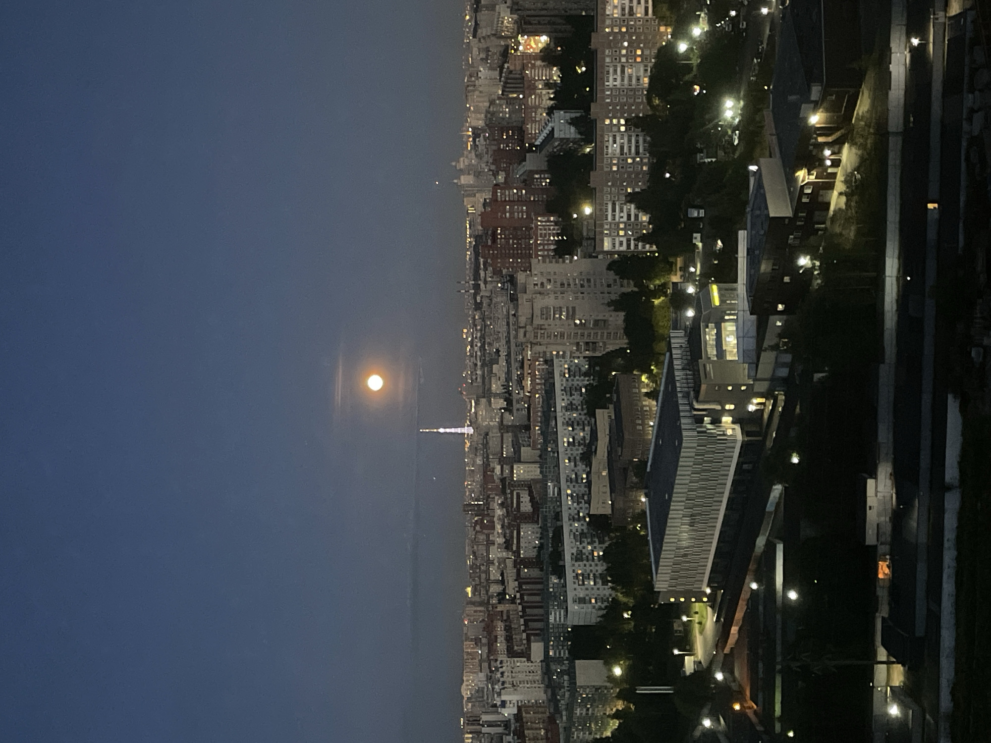 An elevated, vertical shot captures a nighttime cityscape. The sky is a deep, dark blue with a subtle gradient towards a lighter shade near the horizon. A large, bright full moon is positioned in the upper right quadrant of the image, casting a soft glow. Below the moon, a tall, slender tower with illuminated lights stands prominently in the mid-ground, against a backdrop of dense urban development. The city is characterized by numerous multi-story buildings, many with illuminated windows, suggesting a residential or commercial area. Trees are interspersed throughout the urban landscape, particularly in the foreground and mid-ground, appearing as dark silhouettes against the illuminated buildings. Several streetlights and building lights create pools of artificial illumination, adding to the nighttime ambiance. The foreground features darker, lower-lying structures, possibly industrial or infrastructure related, with some minimal lighting. The overall scene depicts a city at night under a full moon, with a focus on the urban architecture and the distant tower.