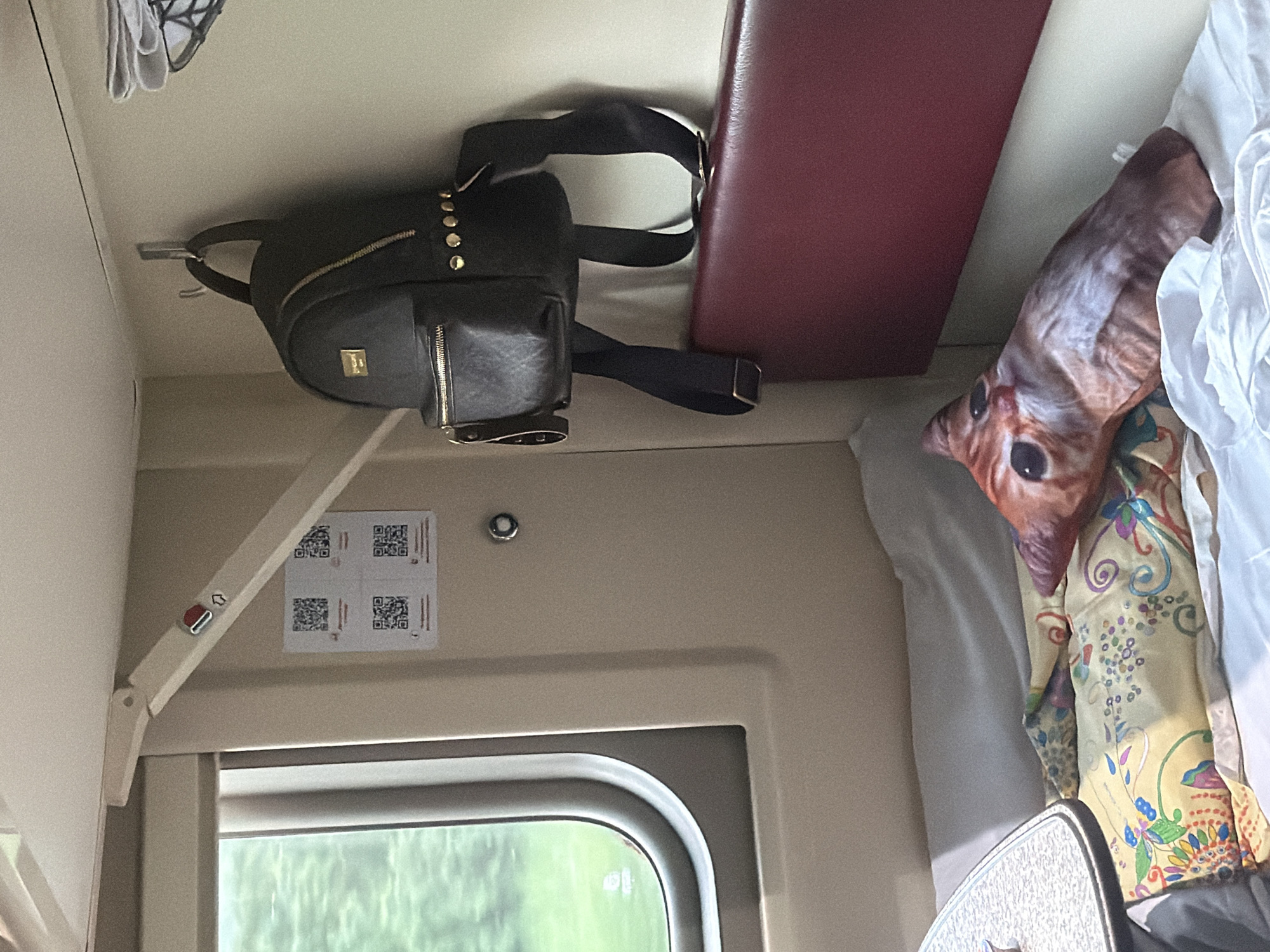 The image shows the interior of a train compartment in the city of Kechevo, Russia. The compartment is equipped with a fold-out shelf, a hook for hanging items, a window with a view of greenery, and a bed with pillows and blankets. A black backpack is hanging on the hook, and a cat-shaped pillow is placed on the bed. There are also QR codes displayed on the wall. The overall scene suggests a travel environment, likely within a passenger train.