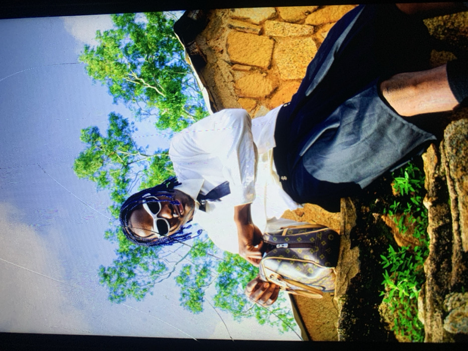 A male individual is depicted outdoors, positioned on a rough-hewn stone structure in Jos, Nigeria. The individual wears a white long-sleeved collared shirt with a dark, narrow tie, dark pleated shorts or a kilt-like garment, and dark socks. White-framed, wrap-around sunglasses cover the eyes, and the hair is styled in blue braids. The individual looks towards the camera with a slight smirk. In the left hand, a brown monogrammed handbag, consistent with a Louis Vuitton design, is held, while the right hand is inserted into the open zippered top of the bag. The immediate foreground and midground consist of irregular, light brown and tan stones, forming a wall or stepped structure, with small patches of green leafy vegetation growing from crevices. The background features a clear blue sky and abundant green foliage from deciduous trees.