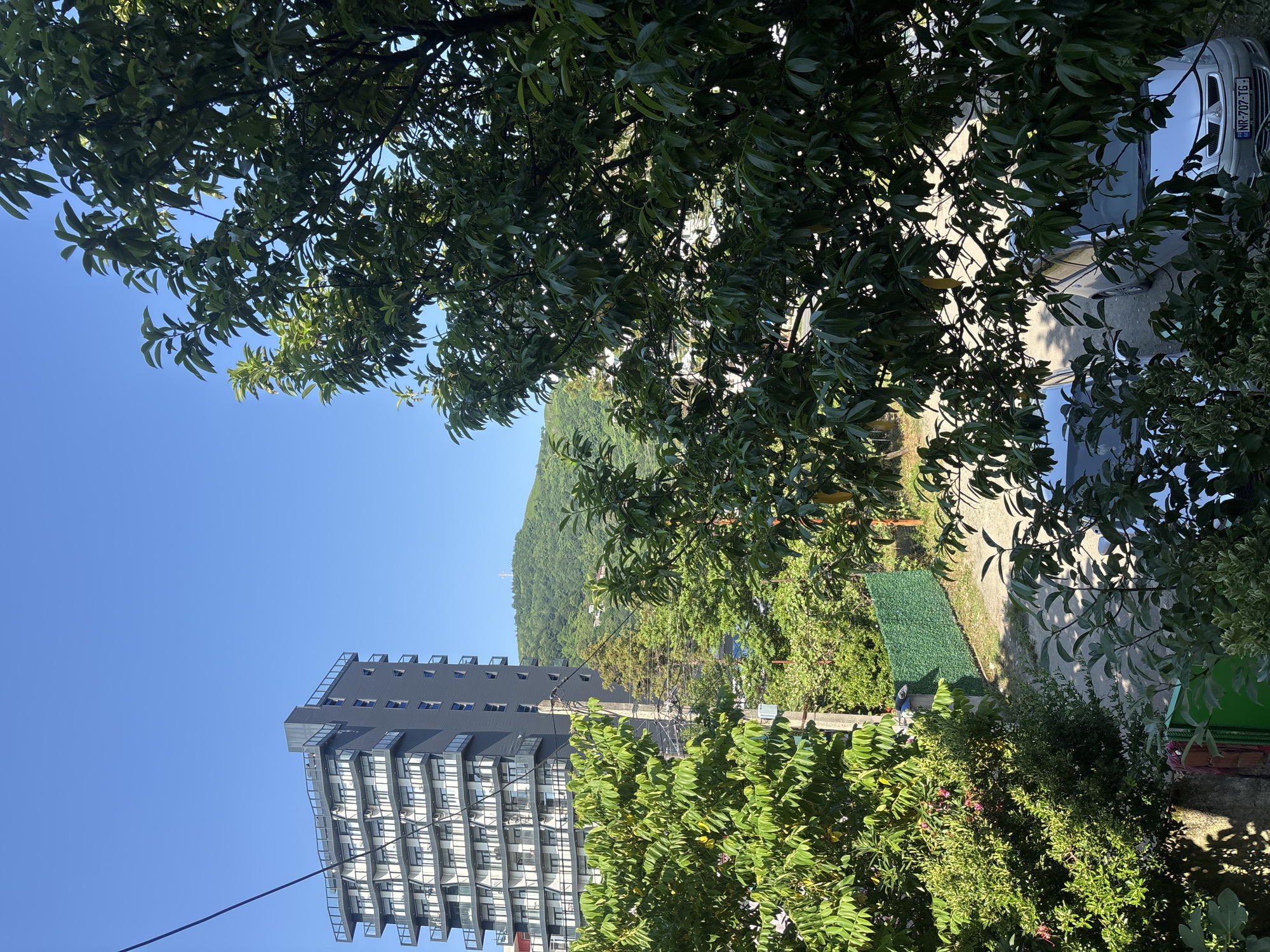 The image captures a daytime view of a residential area in Batumi, Georgia, likely near the coast given the clear sky and lush greenery. Dominating the left side of the frame is a modern, multi-story apartment building with a dark grey facade and numerous balconies. In the background, a verdant, tree-covered hill rises, topped with a prominent white cross, a landmark often associated with the city's religious sites. The foreground is filled with dense, leafy trees, obscuring parts of the scene below. A paved area with several parked cars is visible through the foliage. One car in the foreground, a silver hatchback with license plate "NR-707-TG", is clearly identifiable. A light green fence runs along a portion of the property. The overall impression is one of a bright, sunny day in a semi-urban, semi-natural setting.
