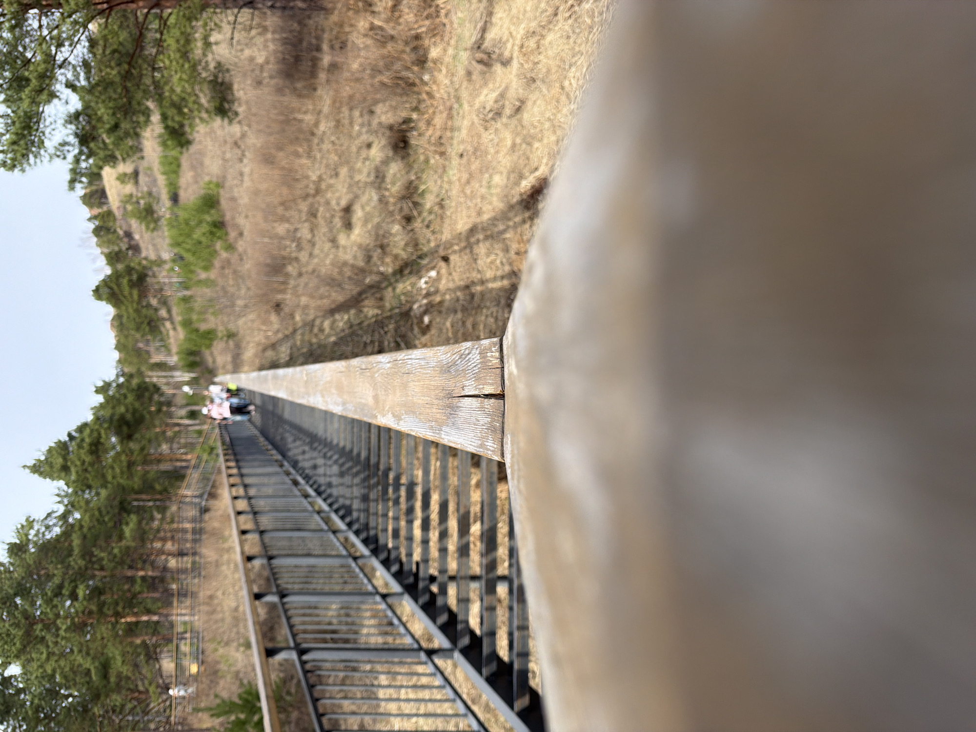 This media file captures a long, steep outdoor staircase ascending a hillside, under what appears to be bright daylight. The image was taken with a vertical orientation, and is presented rotated 90 degrees clockwise.
In the immediate foreground, a large, out-of-focus, light brown or beige object (possibly a handrail or part of the camera's immediate surroundings) dominates the right side of the frame. A wooden handrail, sharp and textured, extends from the bottom-center towards the upper-left, leading the eye along the staircase.
The main subject is a lengthy, metal staircase with numerous steps and a robust metal railing, stretching far into the distance up a significant incline. Several small, blurred human figures are visible on the staircase in the midground, suggesting people are actively using it, either climbing or descending.
The surrounding landscape consists of a natural hillside covered with dry, brown grass or scrub and dotted with scattered evergreen trees, predominantly pines. The ground appears dry, implying a season like late winter, early spring before full growth, or late autumn. Strong, clear sunlight casts distinct shadows of the staircase railing onto the steps and the ground, indicating a bright, clear day.
The scene depicts an impressive outdoor recreational or scenic structure in a natural, hilly environment, consistent with areas found in Krasnoyarsk, Russia, such as the Torgashinsky Staircase. There is no visible text in the image.