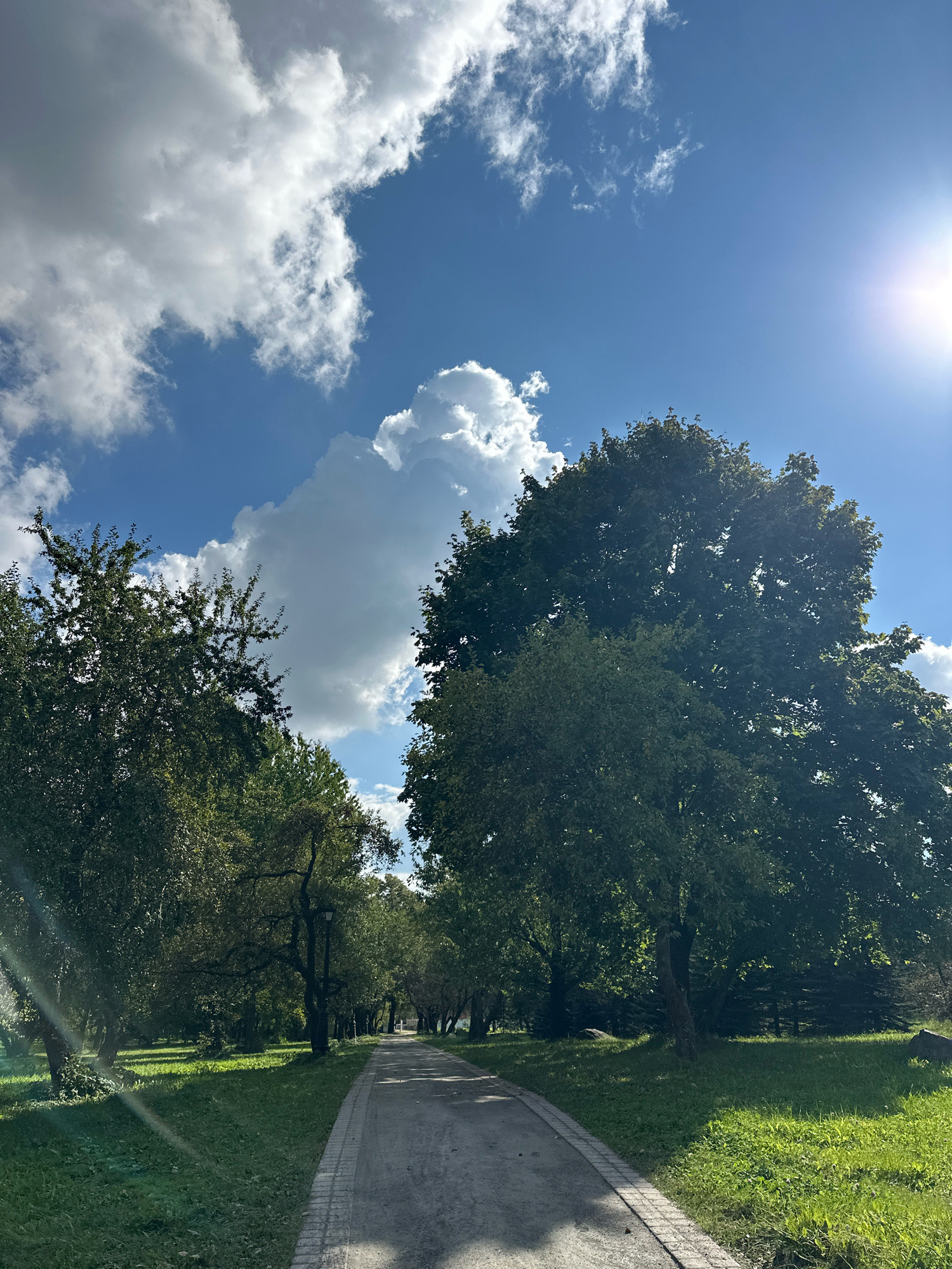 The image depicts a park pathway in Minsk, Belarus, on a sunny day. The pathway, paved with light-colored bricks along its edge, is made of a gray, granular surface and stretches into the distance. It is bordered by a grassy lawn on the left and trees on both sides. The trees are lush and green, with a large, mature tree dominating the right side of the frame. In the background, a line of trees forms a canopy along the park's edge. The sky is a bright blue, dotted with fluffy white clouds, and the sun is visible in the upper right corner, casting a lens flare. There are no people or animals visible in the scene.
