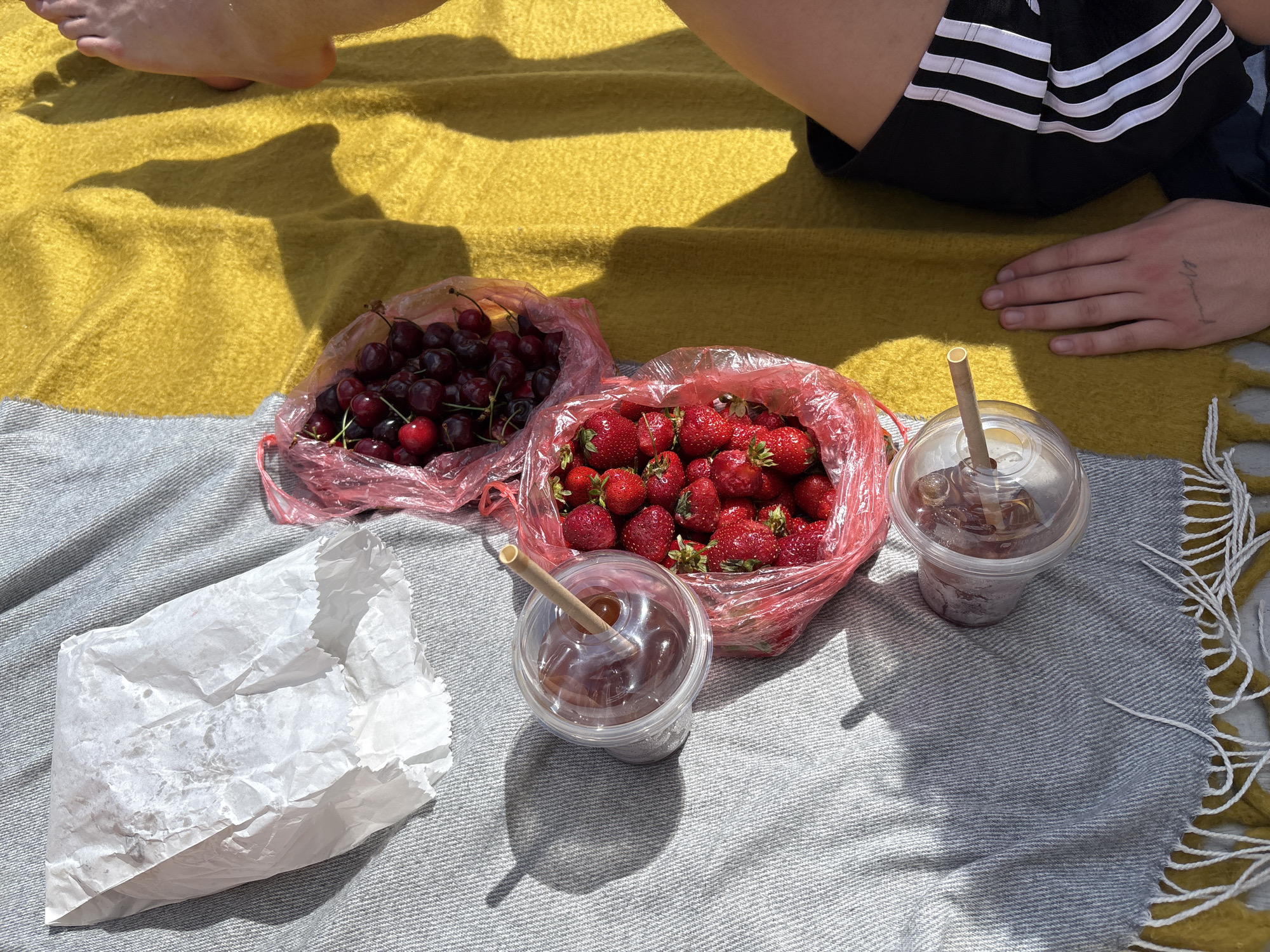 The image shows a picnic on a blanket, likely in a park or outdoor setting, although the specific location within Vracar Urban Municipality, Serbia, cannot be determined. A person's leg and a hand wearing black shorts with white stripes are visible in the background. The focus is on the food and drinks laid out on the blanket: two plastic bags, one filled with cherries and the other with strawberries, two plastic cups with drinks and paper straws, and a white paper bag, presumably containing food. The blanket itself has a two-toned pattern, with one section being mustard yellow and the other light grey with a fringed edge. The scene is bathed in sunlight.