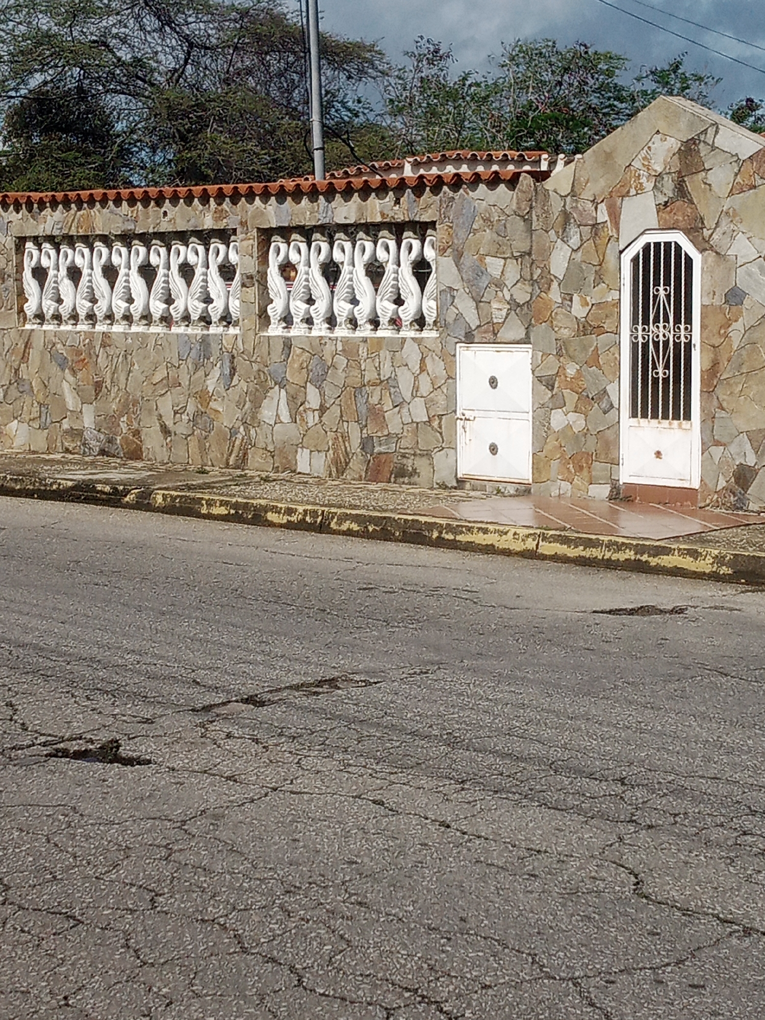 The image shows a stone wall with a decorative white railing in front of it. The railing is made of repeating swan-like figures. To the right of the railing, there is a white metal gate and two white utility boxes mounted on the stone wall. The wall is topped with terracotta tiles. In the foreground, there is a cracked asphalt road with a yellow curb. The scene appears to be outdoors, possibly in a residential area. The lighting suggests it is daytime, and the sky is cloudy. Trees with green foliage are visible behind the wall. There is no visible text in the image.