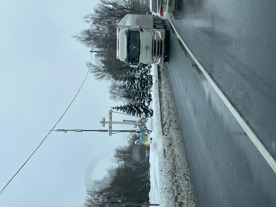 The image presents a winter roadside scene in Rogachovo, Russia, under an overcast sky. A dark, wet asphalt road occupies the foreground, delineated by a solid white line on its right side. A large, irregular bank of compacted snow runs along the left edge of the road, separating it from the adjacent terrain. In the midground, a white semi-truck, comprising a tractor unit and a trailer, is in motion, heading towards the viewer on the right side of the road with its headlights active. A portion of a lighter-colored sedan is visible directly behind the semi-truck. To the left of the road, a significant religious monument is present, featuring a large, snow-dusted wooden Orthodox cross with two smaller crosses suspended from its horizontal bar. Beneath the main cross, additional smaller religious iconography or shrines are visible. Immediately adjacent to this monument, a blue and yellow sign with Cyrillic text, confirming the location as "Рогачёво" (Rogachovo), stands. A tall utility pole, equipped with multiple communication antennas, rises behind the cross. The background consists of a dense arrangement of bare deciduous trees and snow-covered evergreen trees, extending towards the horizon under a grey, cloud-filled sky. No individuals are discernible in the scene.
